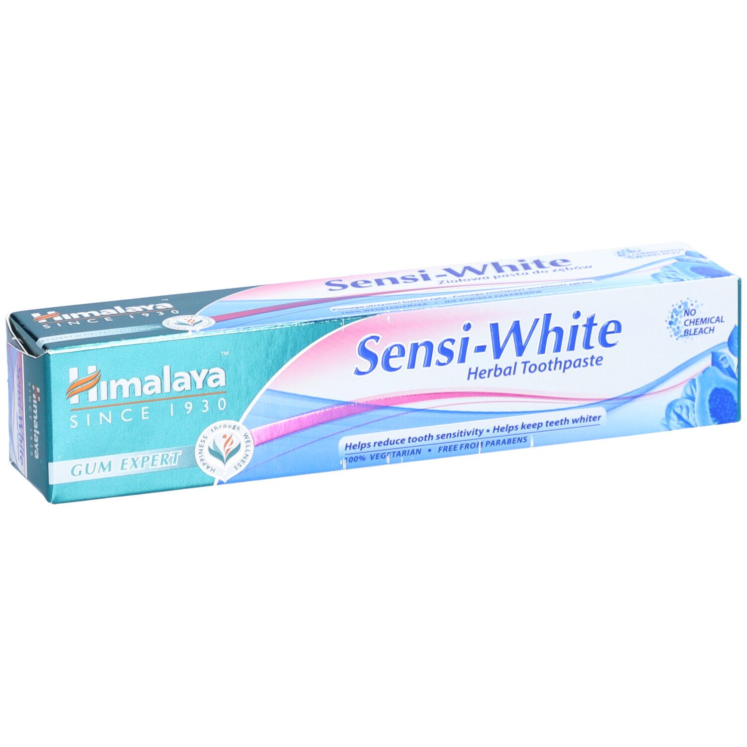 Emballage de dentifrice. Inscription : Himalaya, Sensi-White Herbal Toothpaste. Sans agent de blanchiment chimique.
