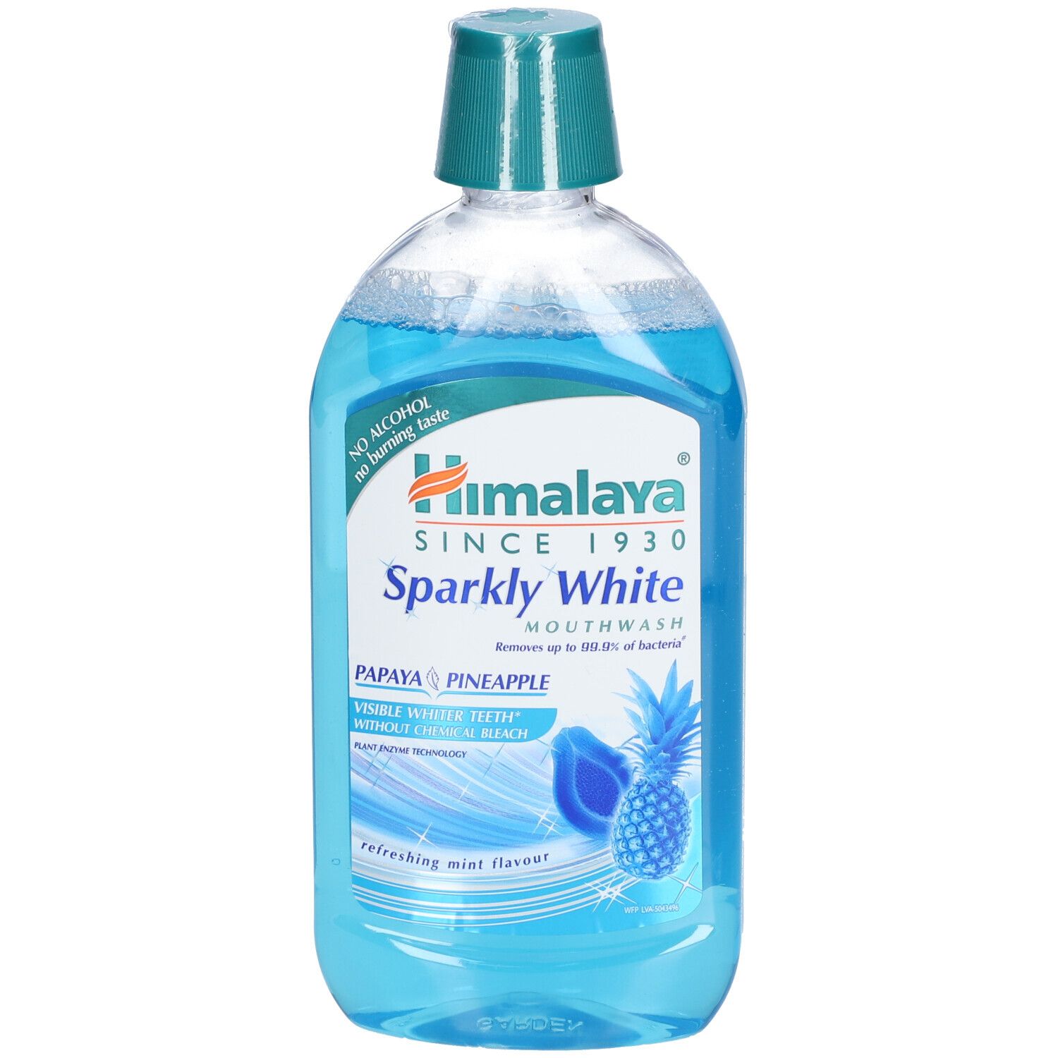 Mondwater in een transparante fles met blauwe vloeistof. Opschrift: Himalaya Sparkly White. Illustratie van ananas.