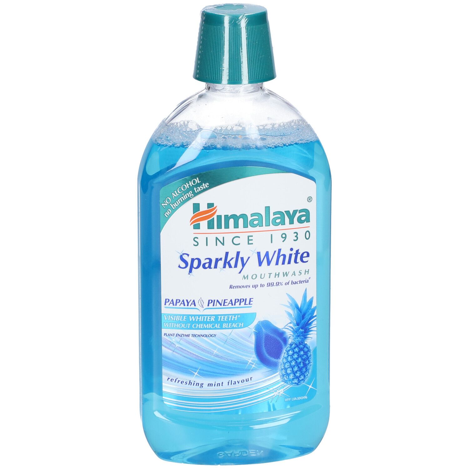 Mondwater in een transparante fles met blauwe vloeistof. Opschrift: Himalaya Sparkly White. Illustratie van ananas.