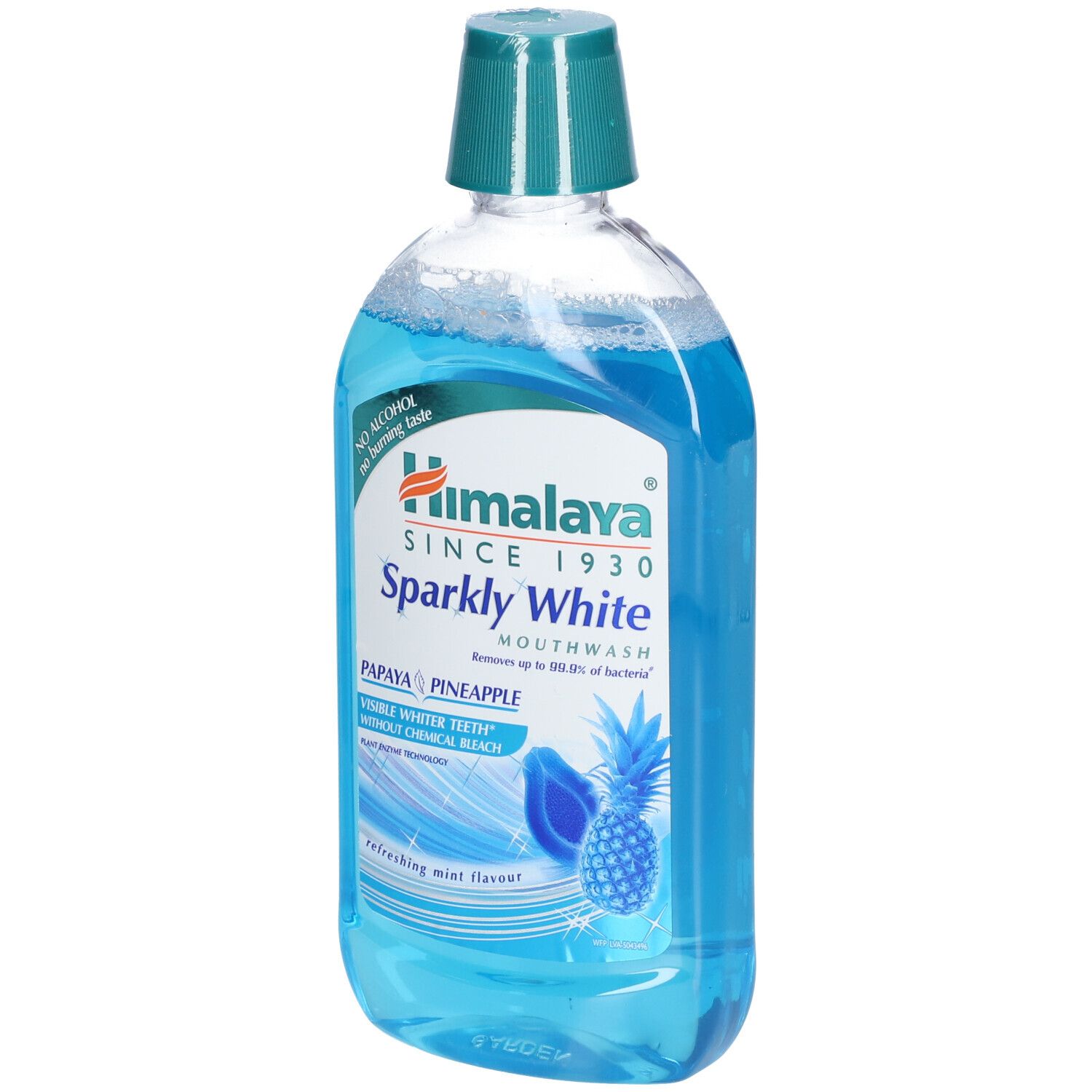 Mondwater in een transparante fles met blauwe vloeistof. Opschrift: Himalaya Sparkly White. Illustratie van ananas.