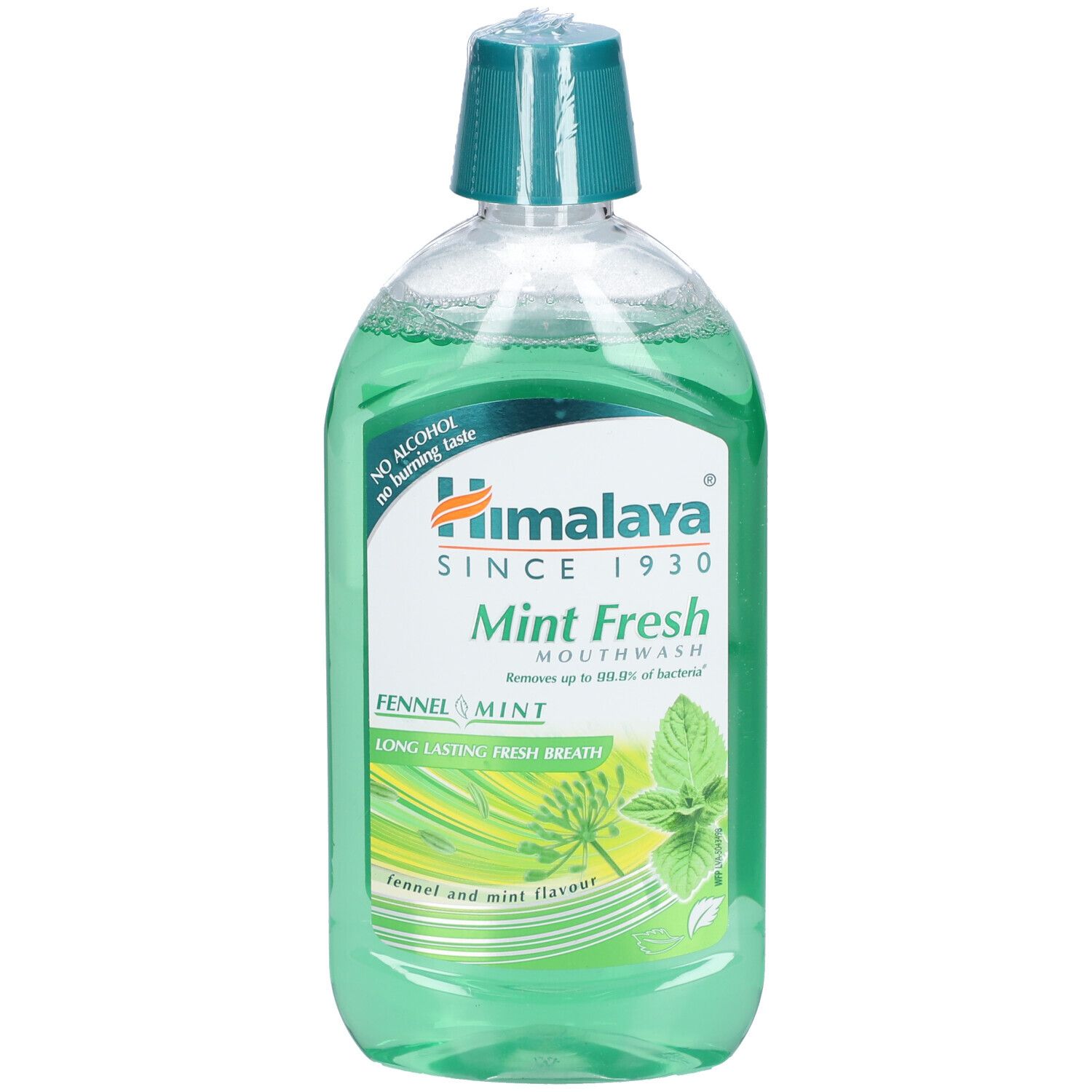 Himalaya Mint Fresh mondwater. Transparante fles met groene vloeistof. Label met logo, naam en ingrediënten.