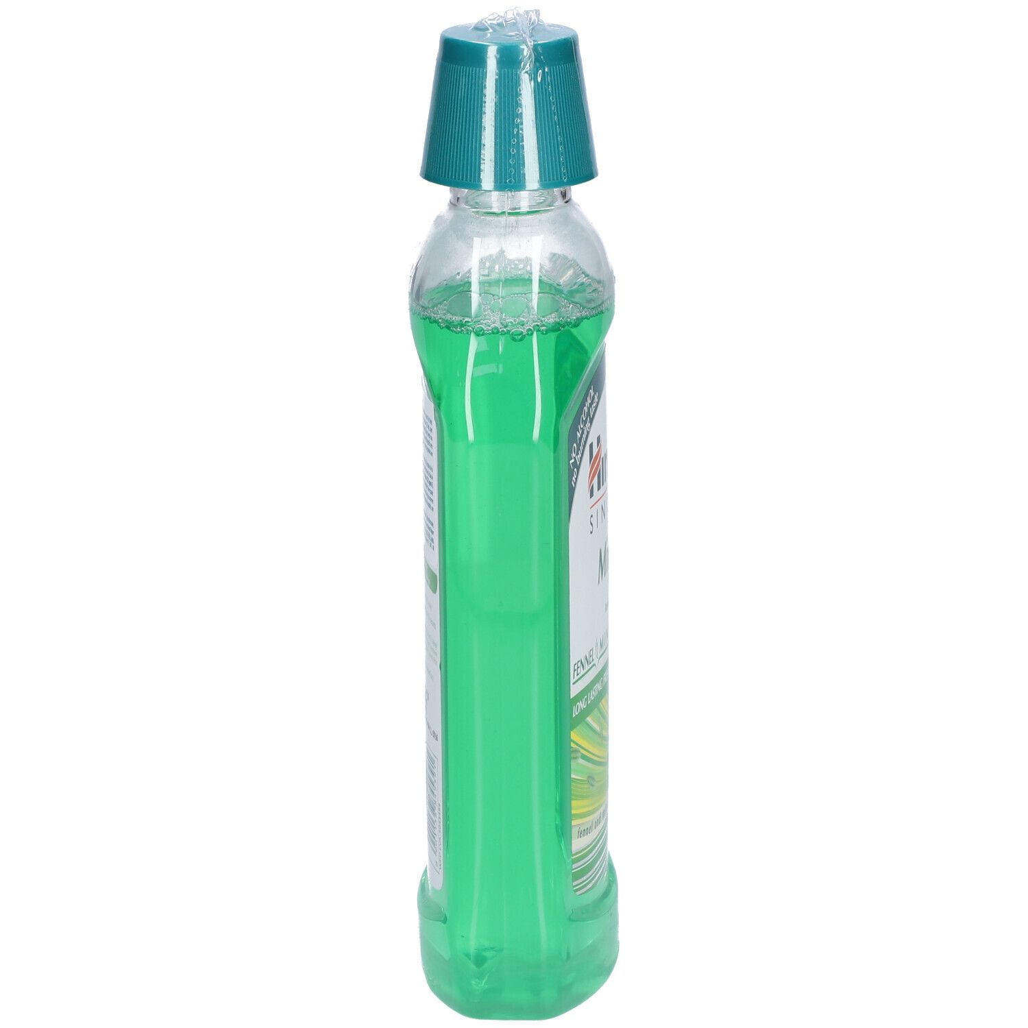 Himalaya Mint Fresh mondwater, zijaanzicht. Transparante fles met groene vloeistof en groene dop.