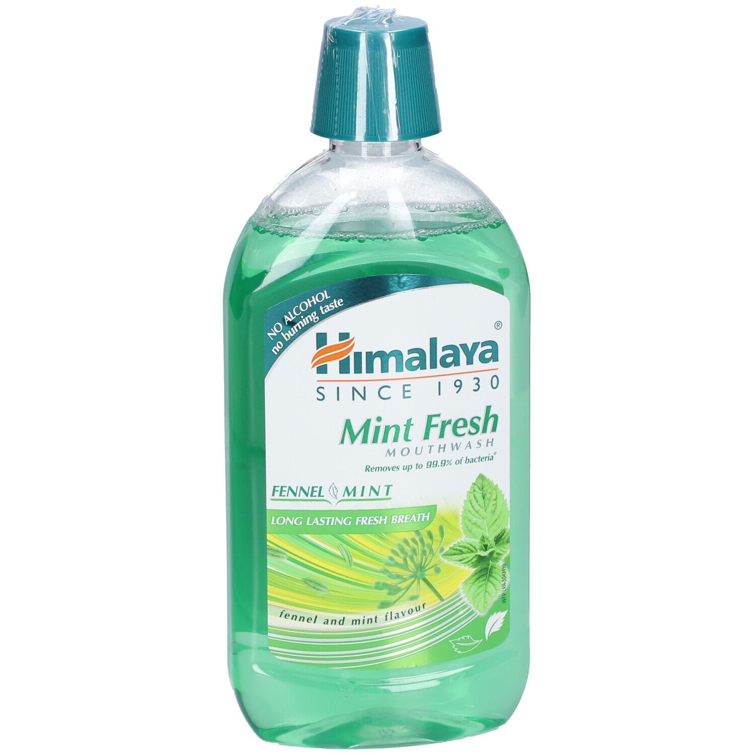 Himalaya Mint Fresh mondwater. Transparante fles met groene vloeistof. Label met logo, naam en ingrediënten.