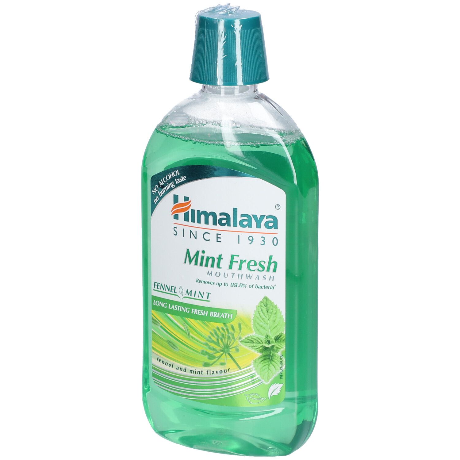 Himalaya Mint Fresh mondwater. Transparante fles met groene vloeistof. Label met logo, naam en ingrediënten.