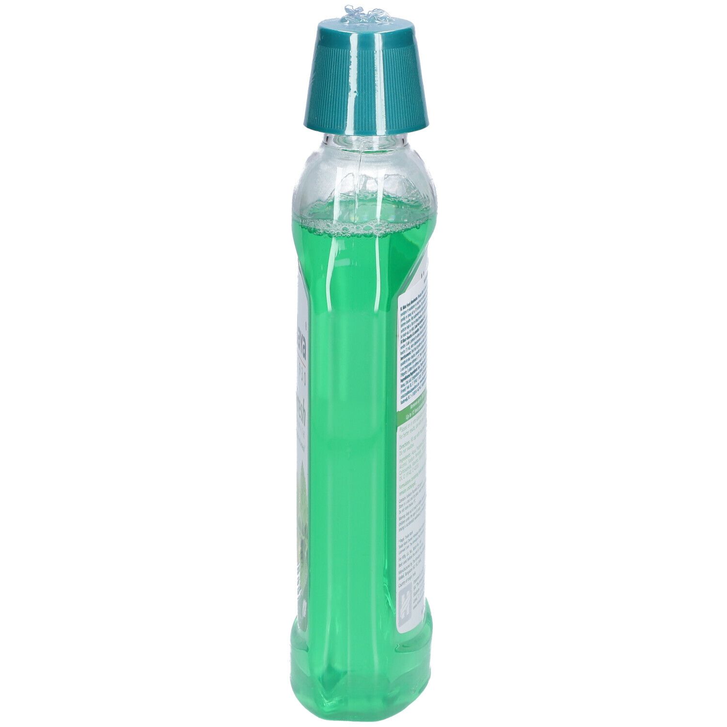 Himalaya Mint Fresh mondwater, zijaanzicht. Transparante fles met groene vloeistof en groene dop.