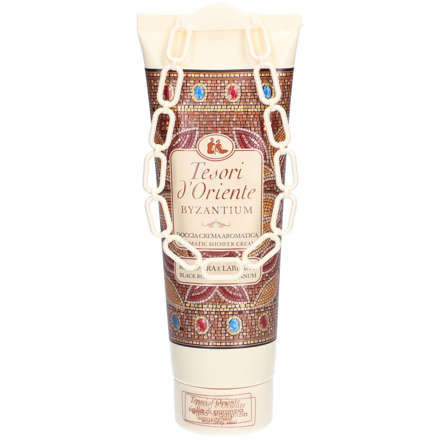 Creme-Dusche-Tube mit dekorativem Muster und Kette. Text: Tesori d'Oriente. Beige und braune Farben.