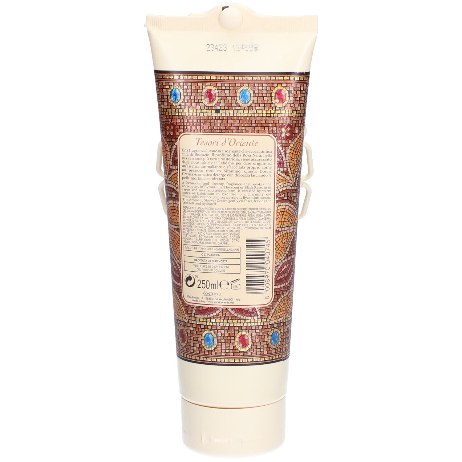 Rückseite der Creme-Dusche-Tube. Text und Barcode. Fassungsvermögen: 250ml. Beige und braune Farben.