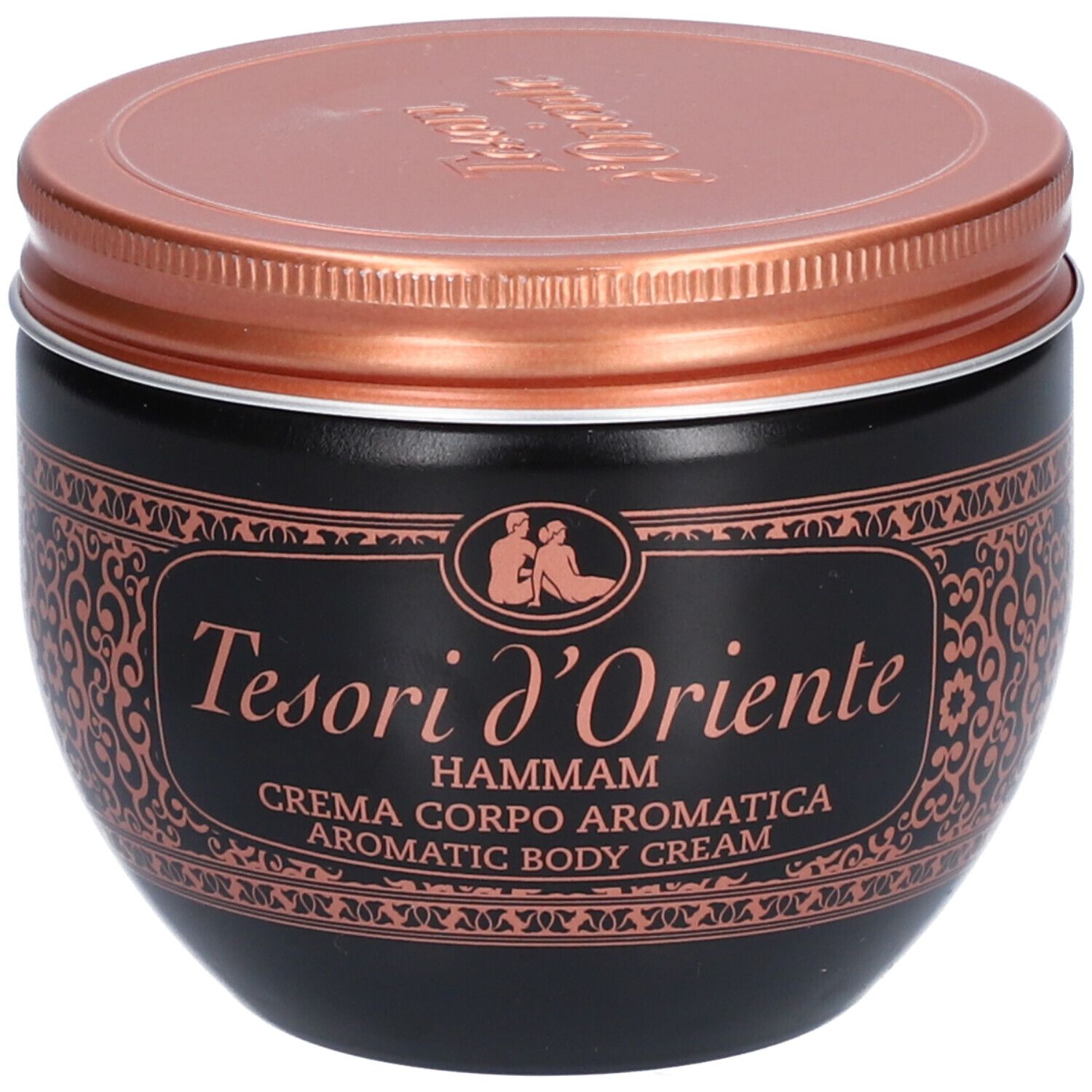 Zwarte pot met koperkleurig deksel. Opschrift: Tesori d'Oriente Hammam. Aromatische bodycrème.