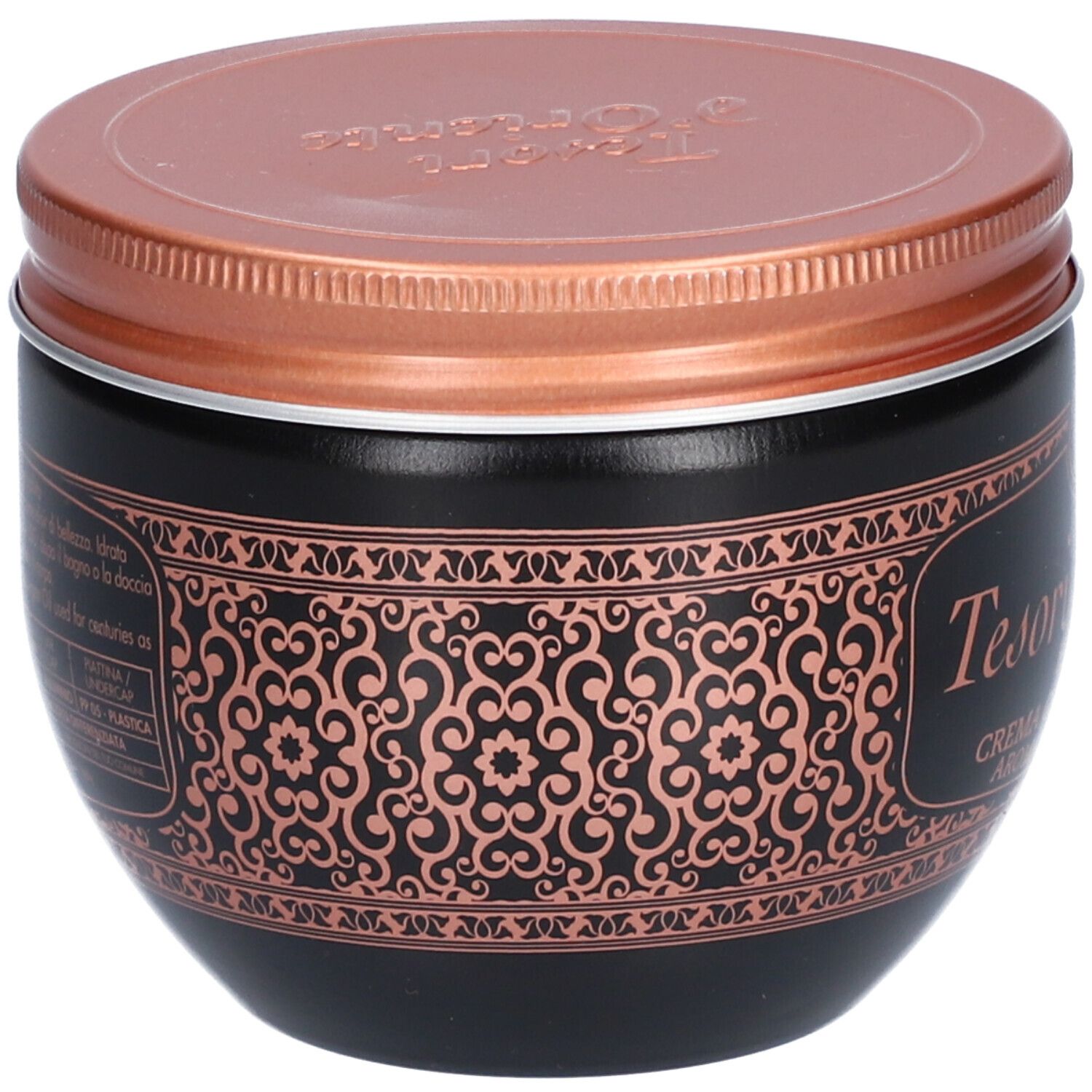 Zwarte pot met koperkleurig deksel. Ornamentpatroon. Opschrift: Tesori d'Oriente.