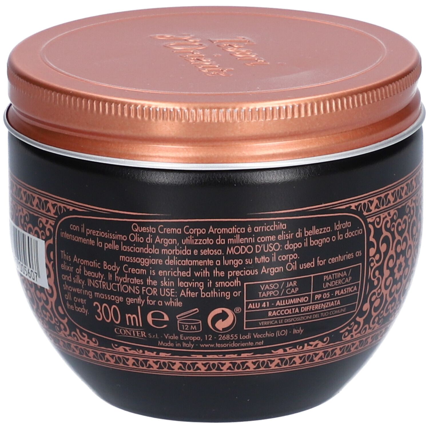 Zwarte pot met koperkleurig deksel. Tekst: ingrediënten, gebruik. Volume: 300 ml. Merk: Tesori d'Oriente.