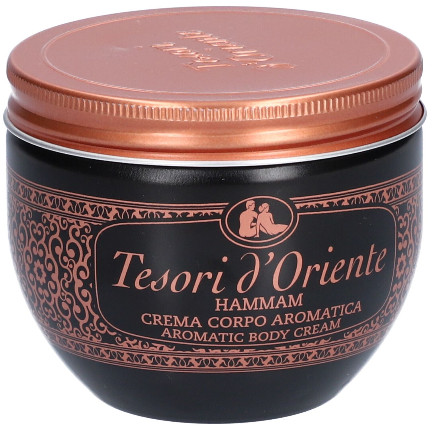 Zwarte pot met koperkleurig deksel. Opschrift: Tesori d'Oriente Hammam. Aromatische bodycrème.