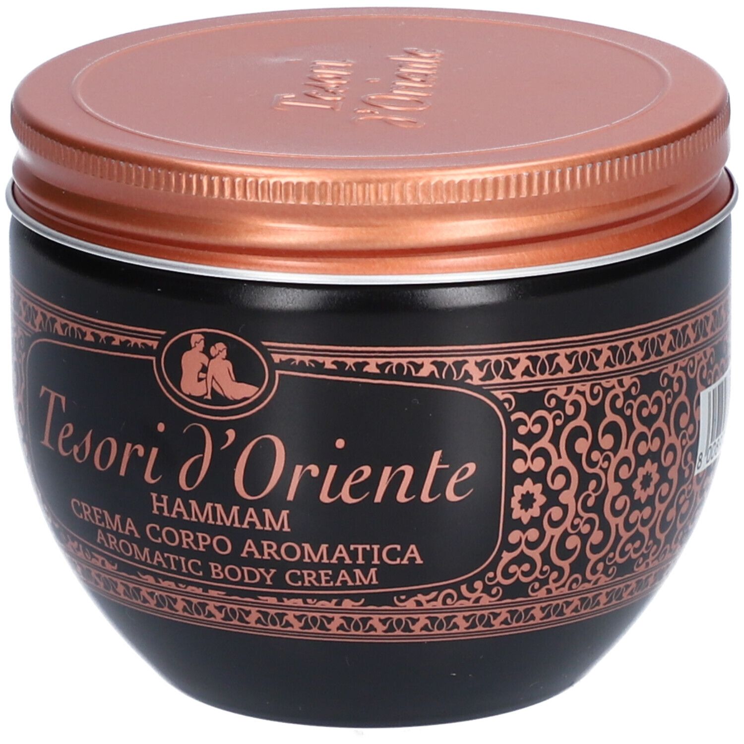 Zwarte pot met koperkleurig deksel. Opschrift: Tesori d'Oriente Hammam. Aromatische bodycrème.