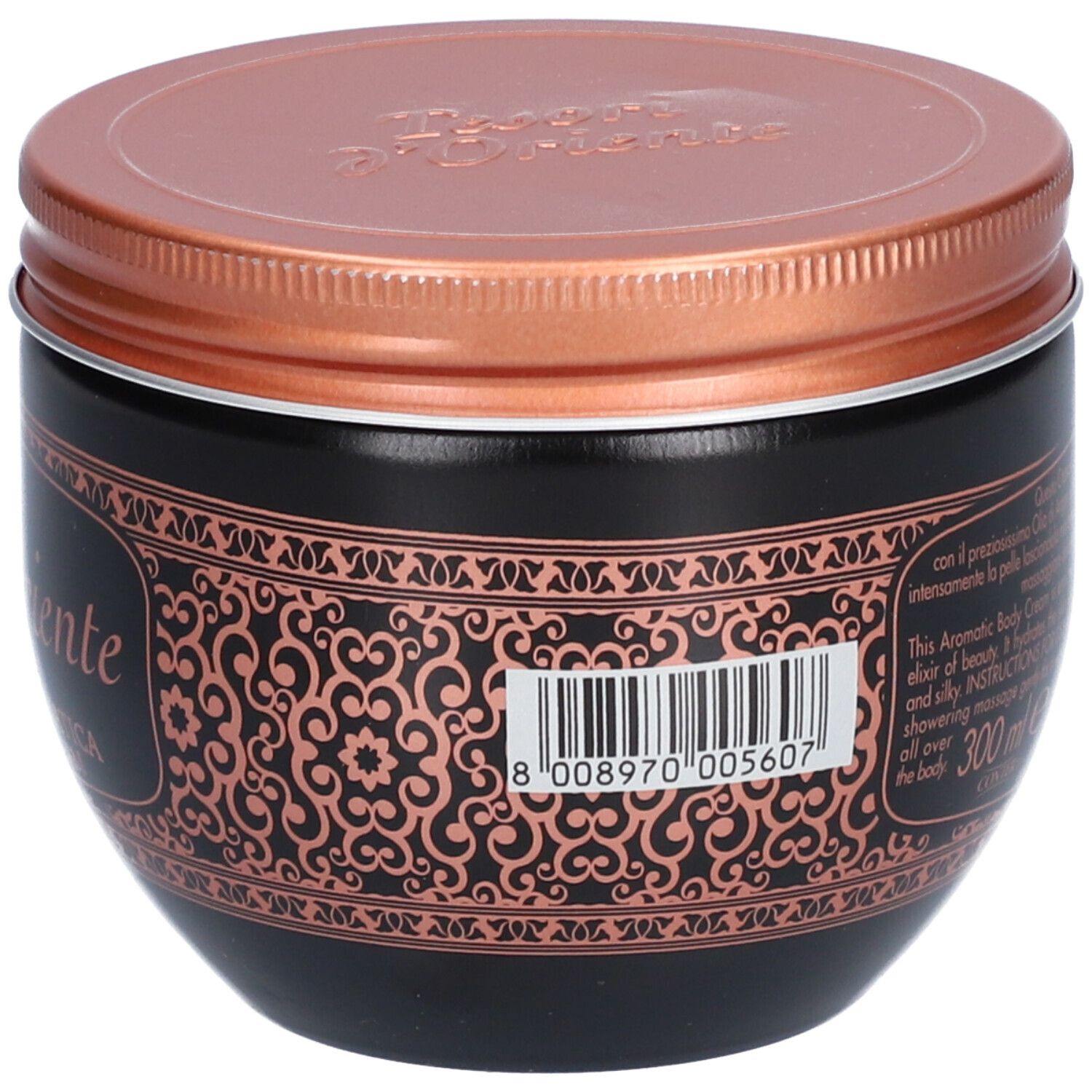 Zwarte pot met koperkleurig deksel. Streepjescode. Opschrift: Tesori d'Oriente Hammam. Aromatische bodycrème.