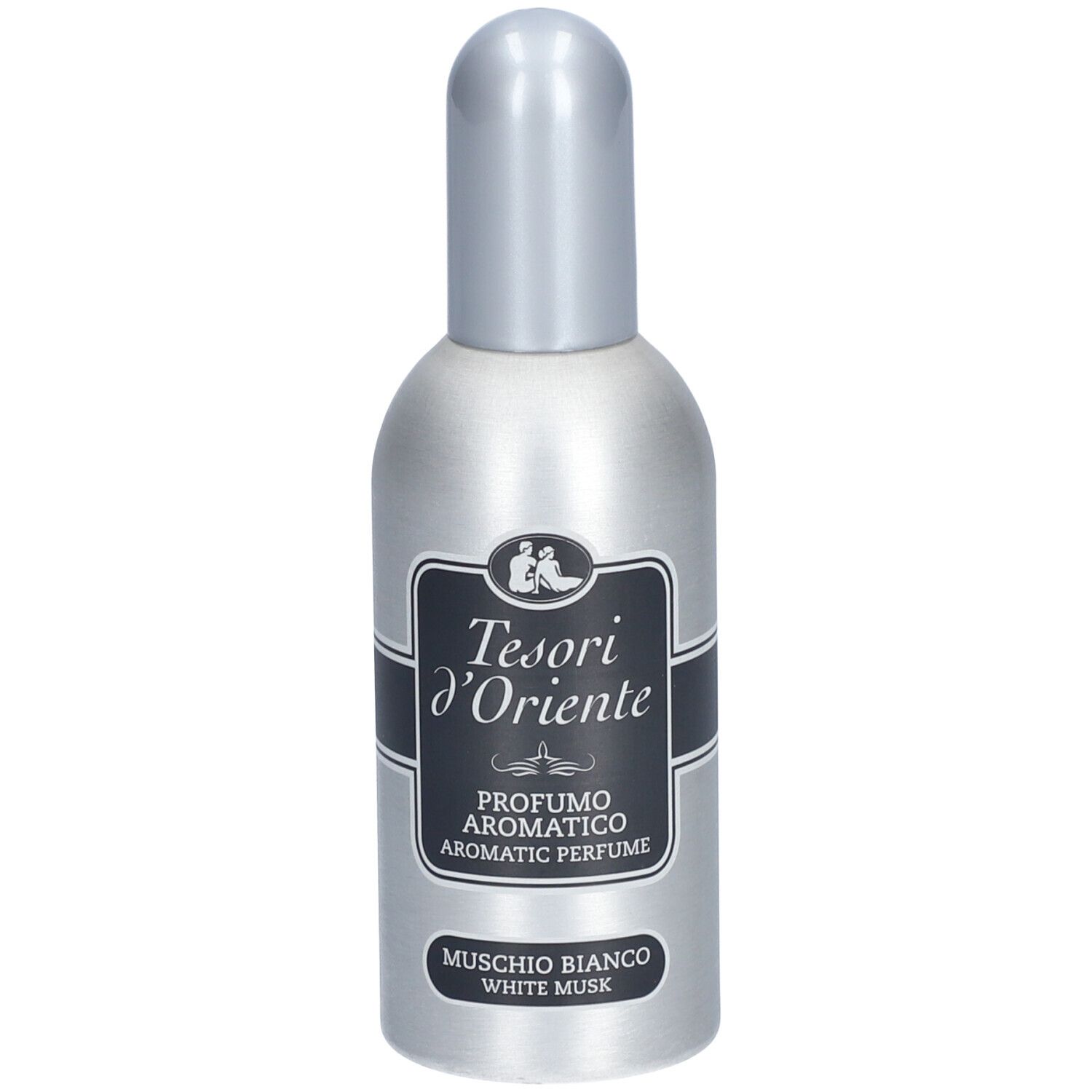 Zilveren fles met zilveren dop. Zwart etiket met tekst: Tesori d'Oriente, Profumo Aromatico, Muschio Bianco.