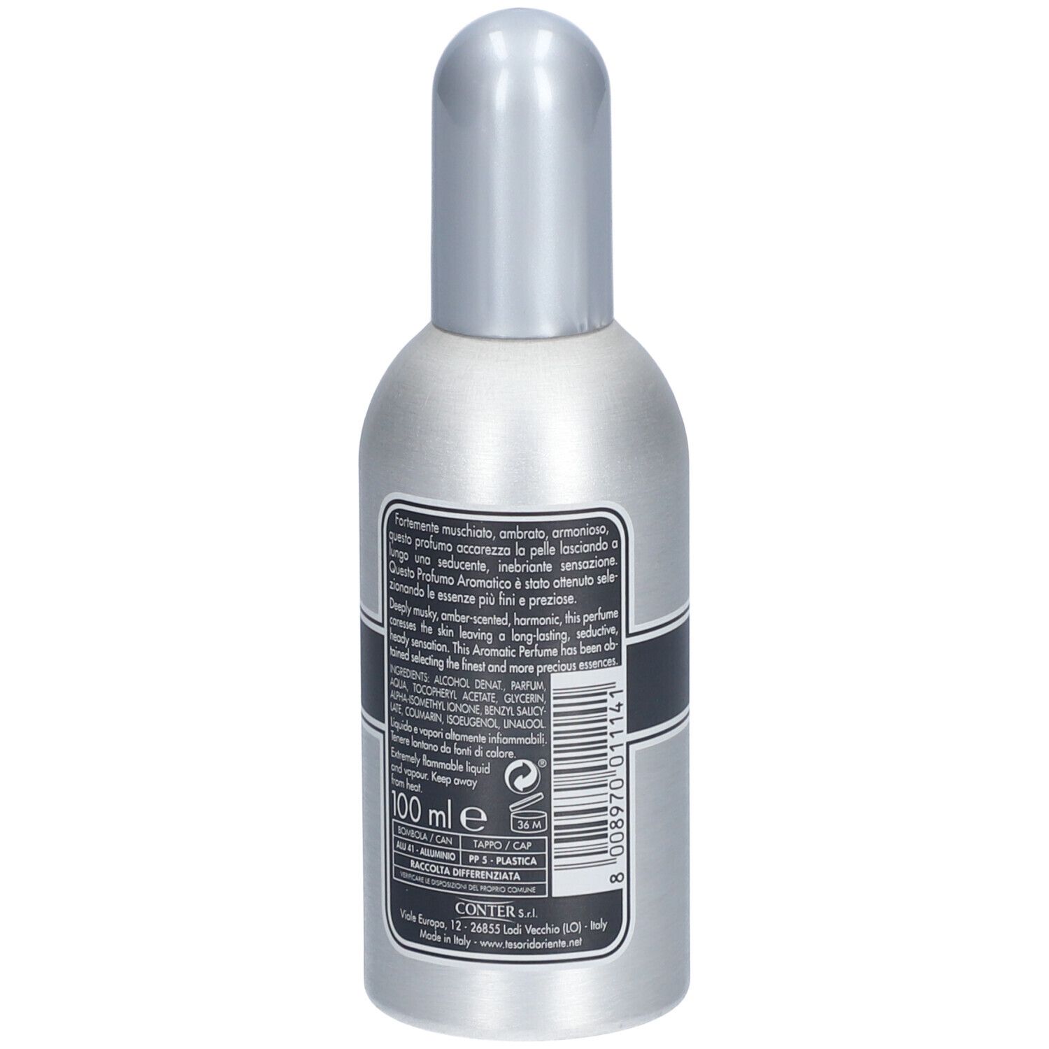 Achterkant van een zilveren fles met zilveren dop. Tekst en ingrediënten op etiket. 100 ml.