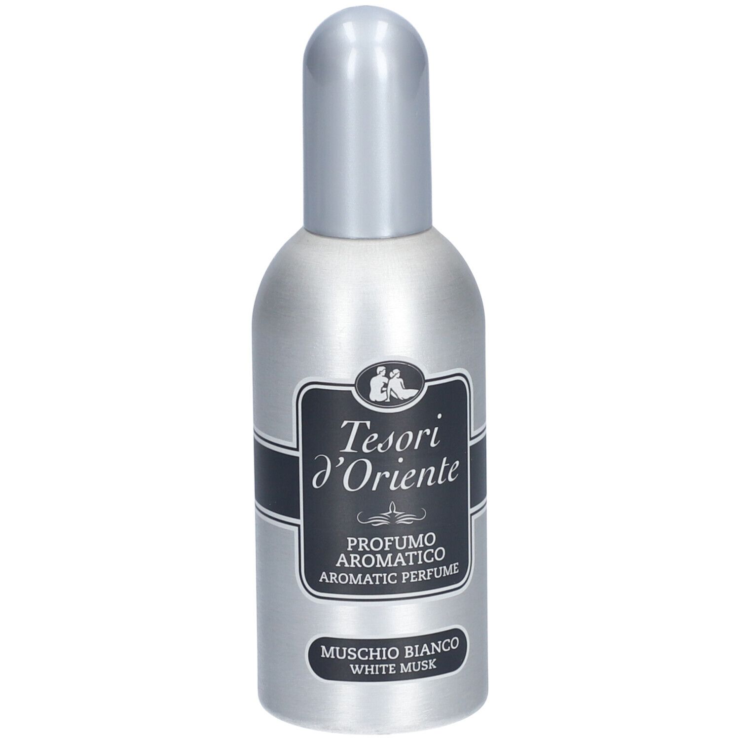 Zilveren fles met zilveren dop. Zwart etiket met tekst: Tesori d'Oriente, Profumo Aromatico, Muschio Bianco.