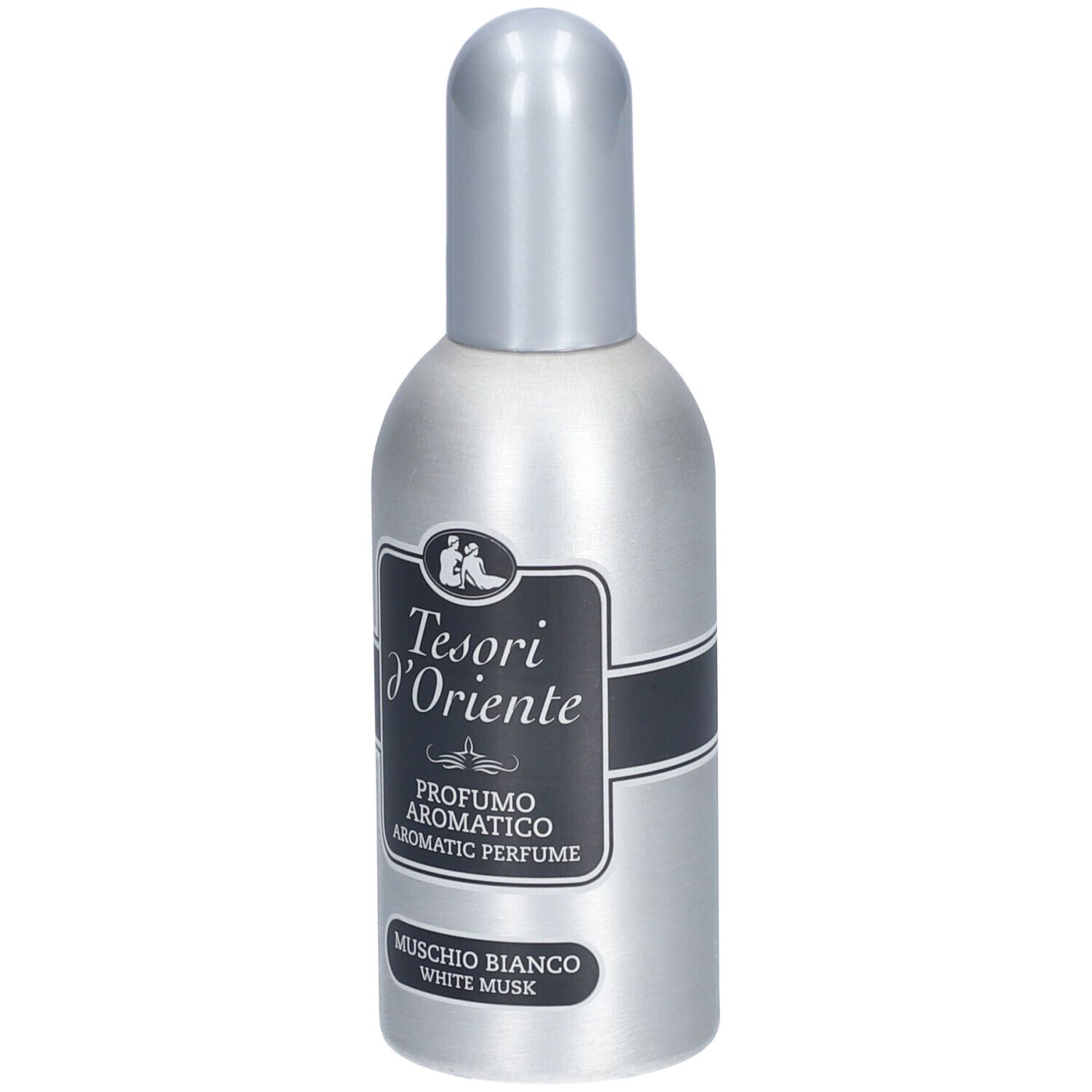 Zilveren fles met zilveren dop. Zwart etiket met tekst: Tesori d'Oriente, Profumo Aromatico, Muschio Bianco.