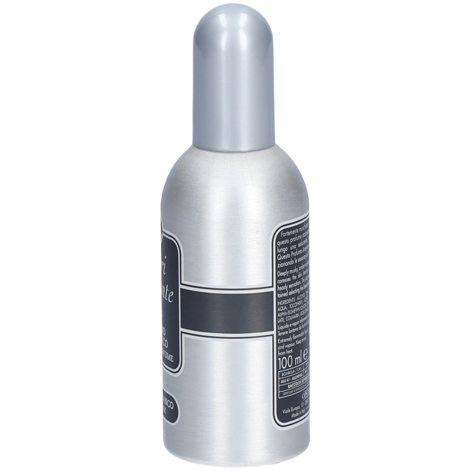 Achterkant van een zilveren fles met zilveren dop. Tekst en ingrediënten op etiket. 100 ml.