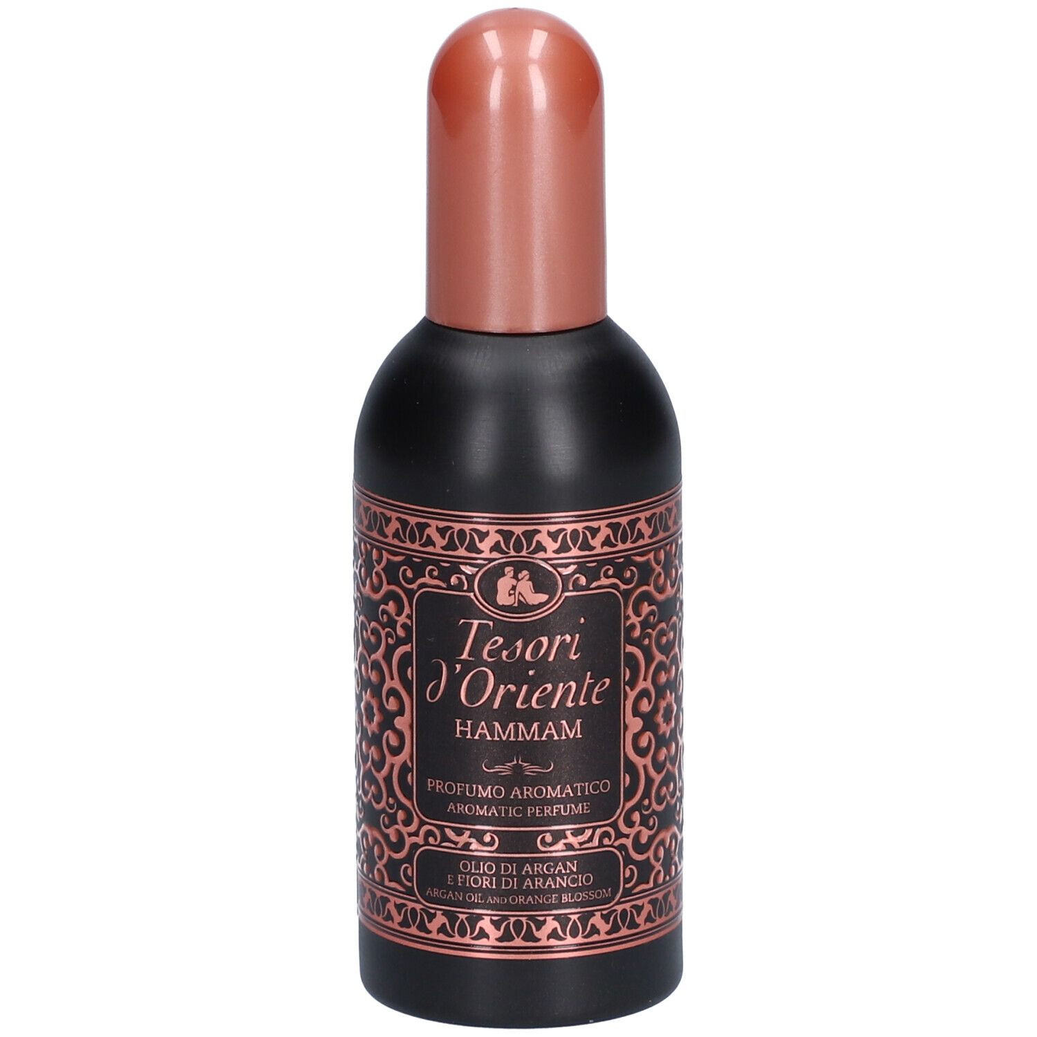 Zwarte fles met koperkleurige dop. Etiket met tekst: Tesori d'Oriente Hammam. Aromatische parfum.