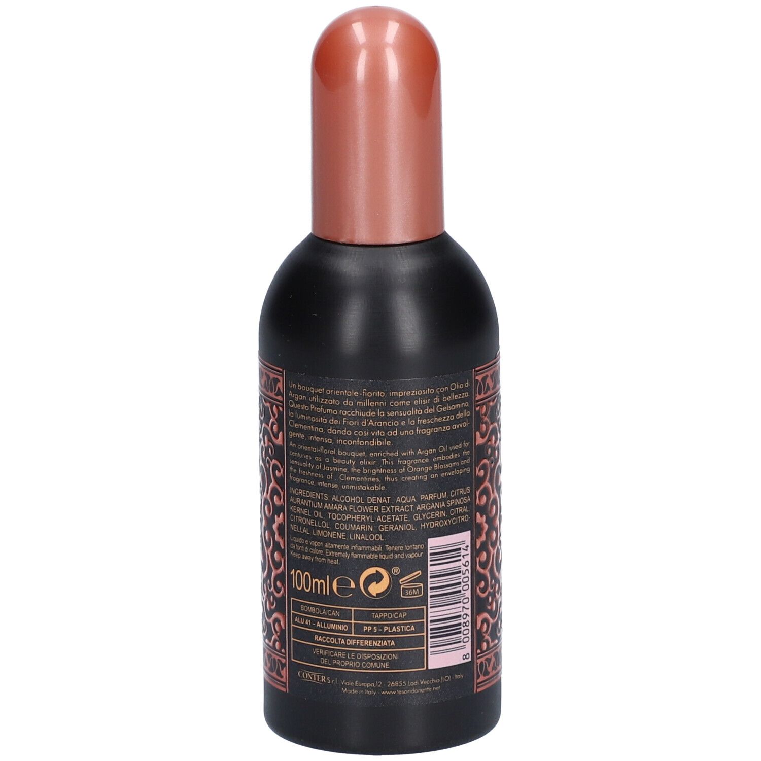 Zwarte fles met koperkleurige dop. Achterkant met tekst, ingrediënten en barcode. 100ml.