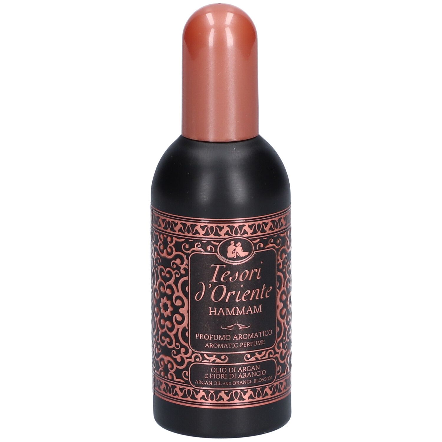 Zwarte fles met koperkleurige dop. Etiket met tekst: Tesori d'Oriente Hammam. Aromatische parfum.