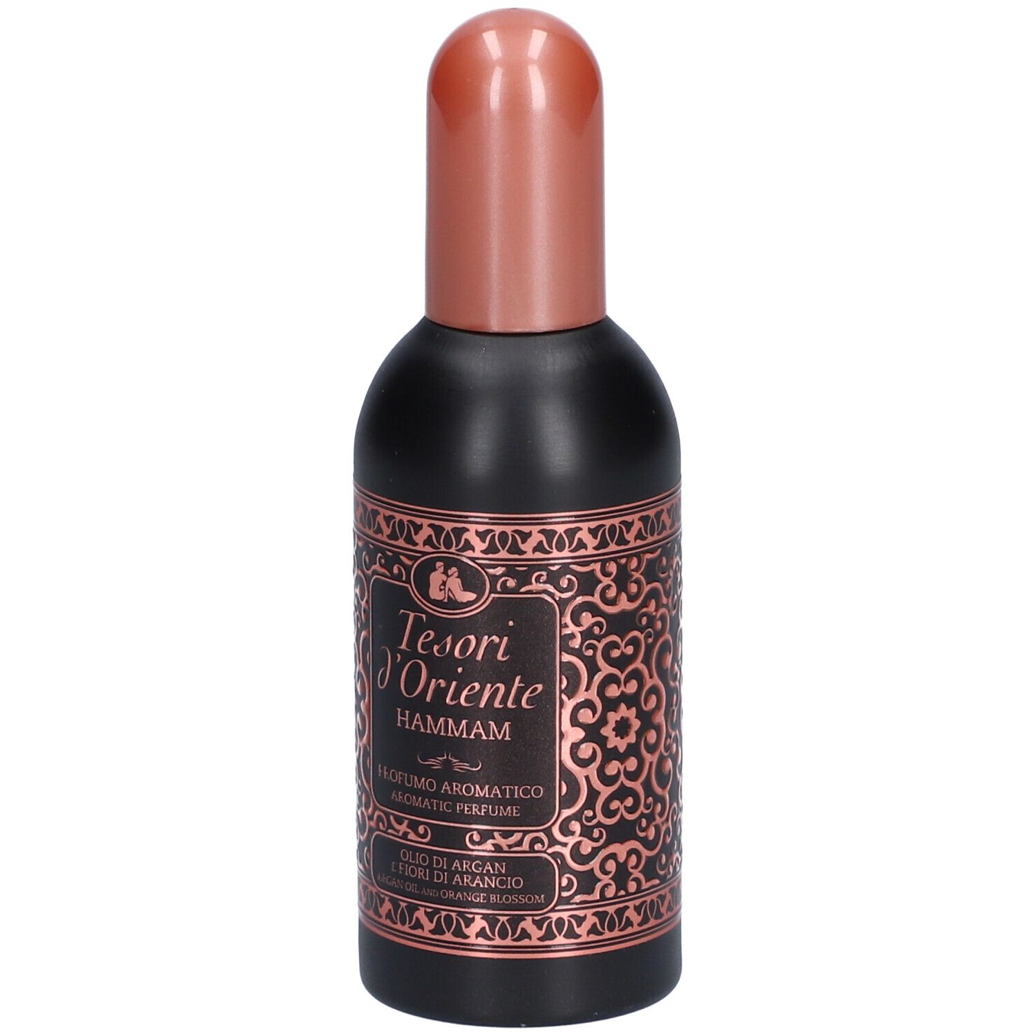 Zwarte fles met koperkleurige dop. Etiket met tekst: Tesori d'Oriente Hammam. Aromatische parfum.
