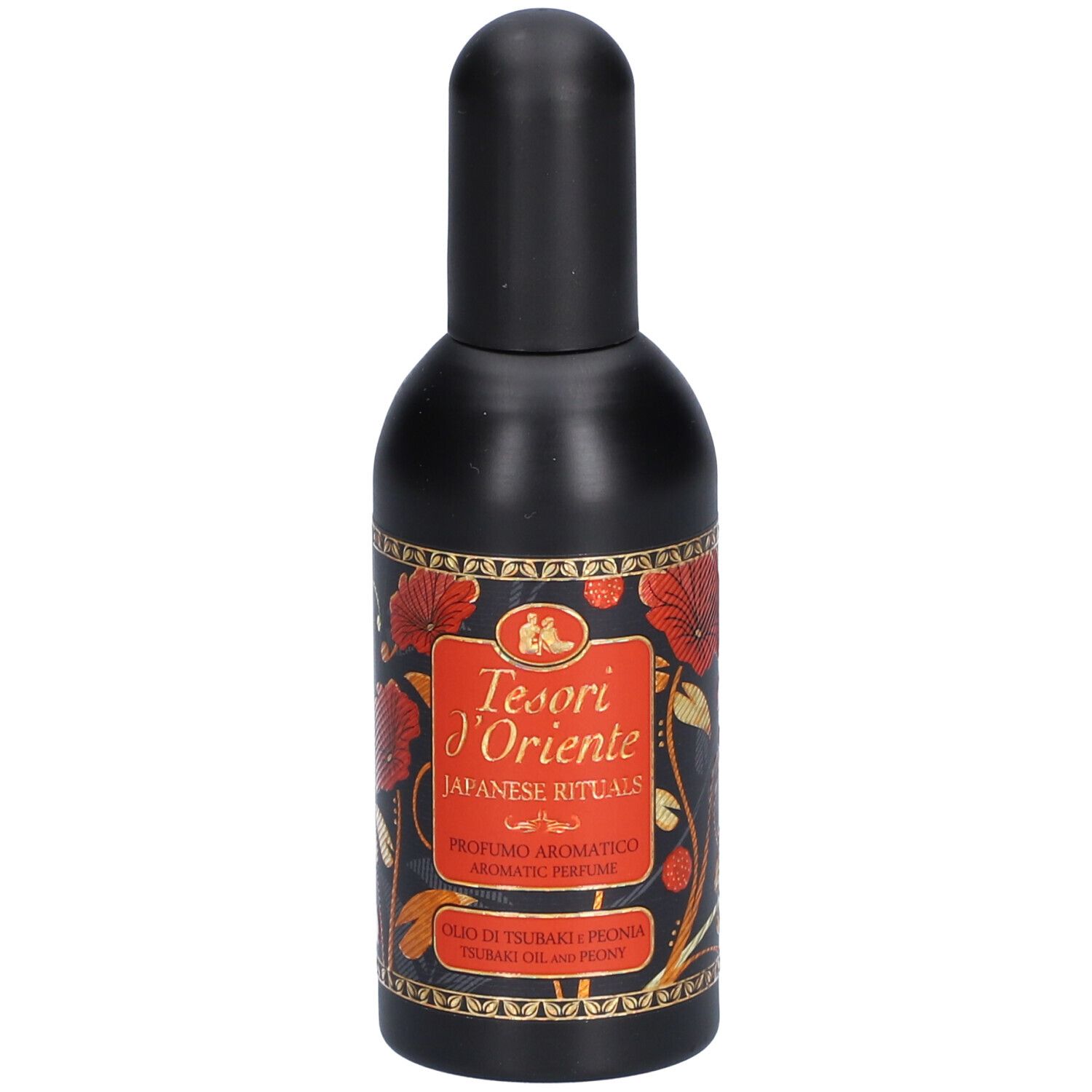 Zwarte fles met rood etiket. Opschrift: Tesori d'Oriente Japanese Rituals. Aromatische parfum.