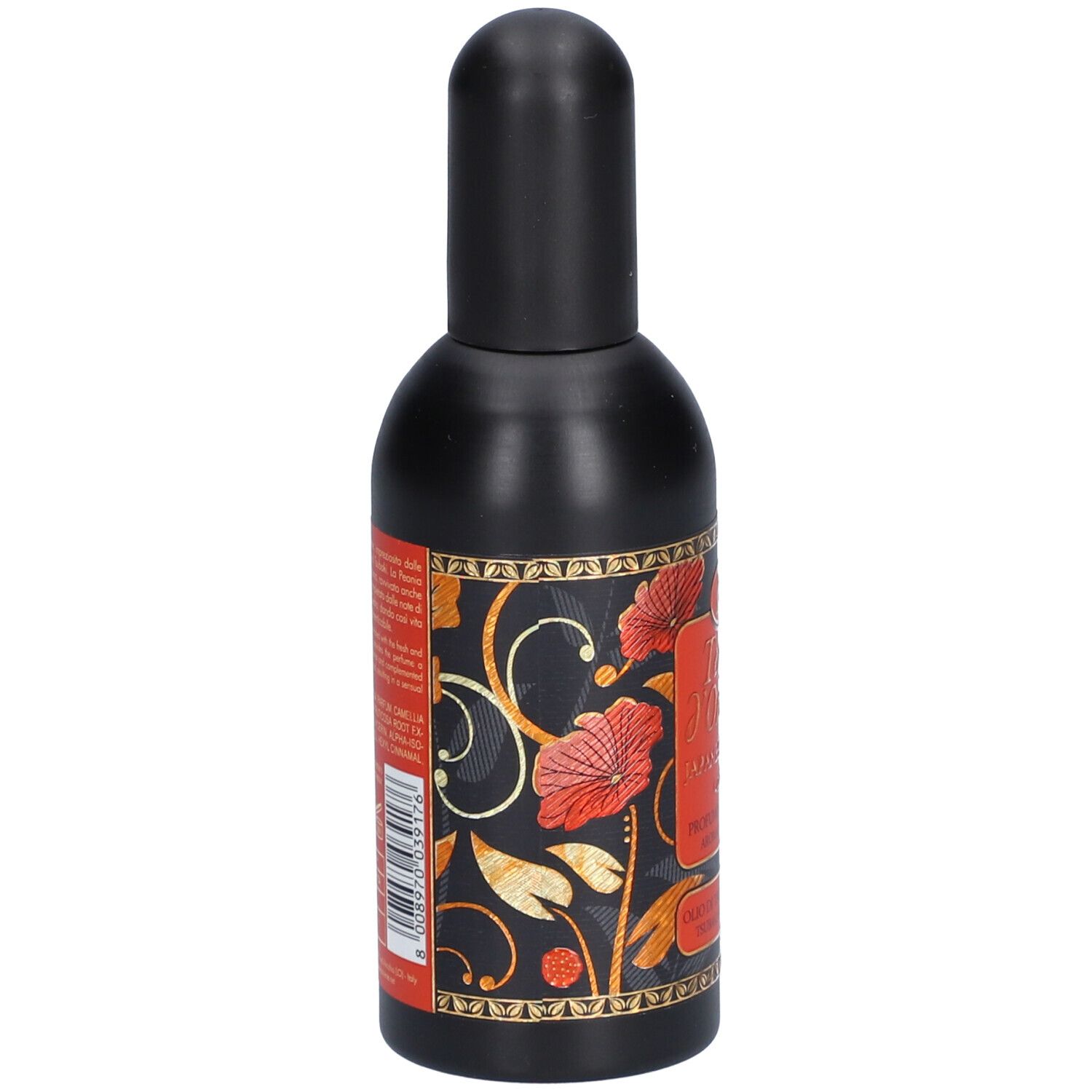 Zwarte fles met rood etiket en bloemenpatroon. Opschrift: Tesori d'Oriente Japanese Rituals.