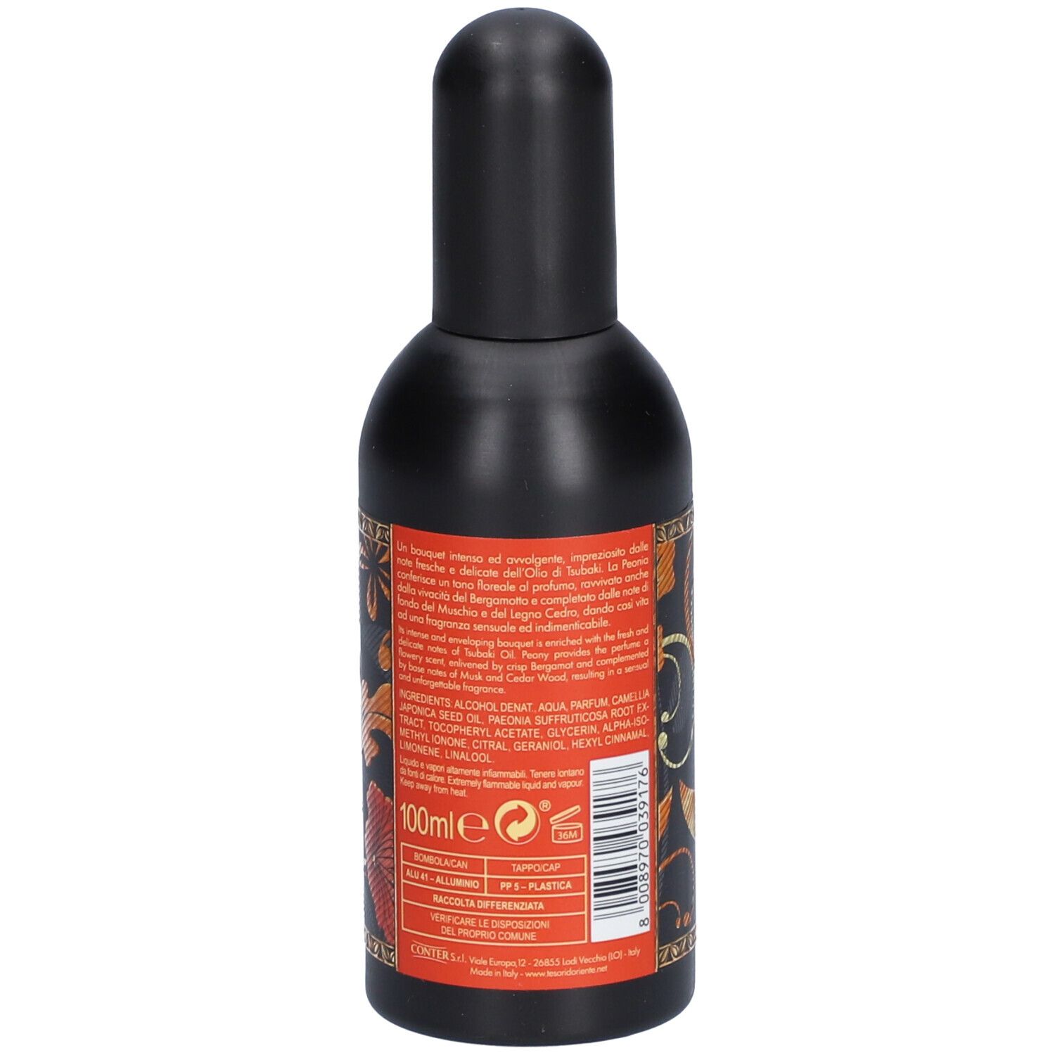 Zwarte fles met rood etiket. Opschrift: Tesori d'Oriente Japanese Rituals. 100ml. Ingrediënten.