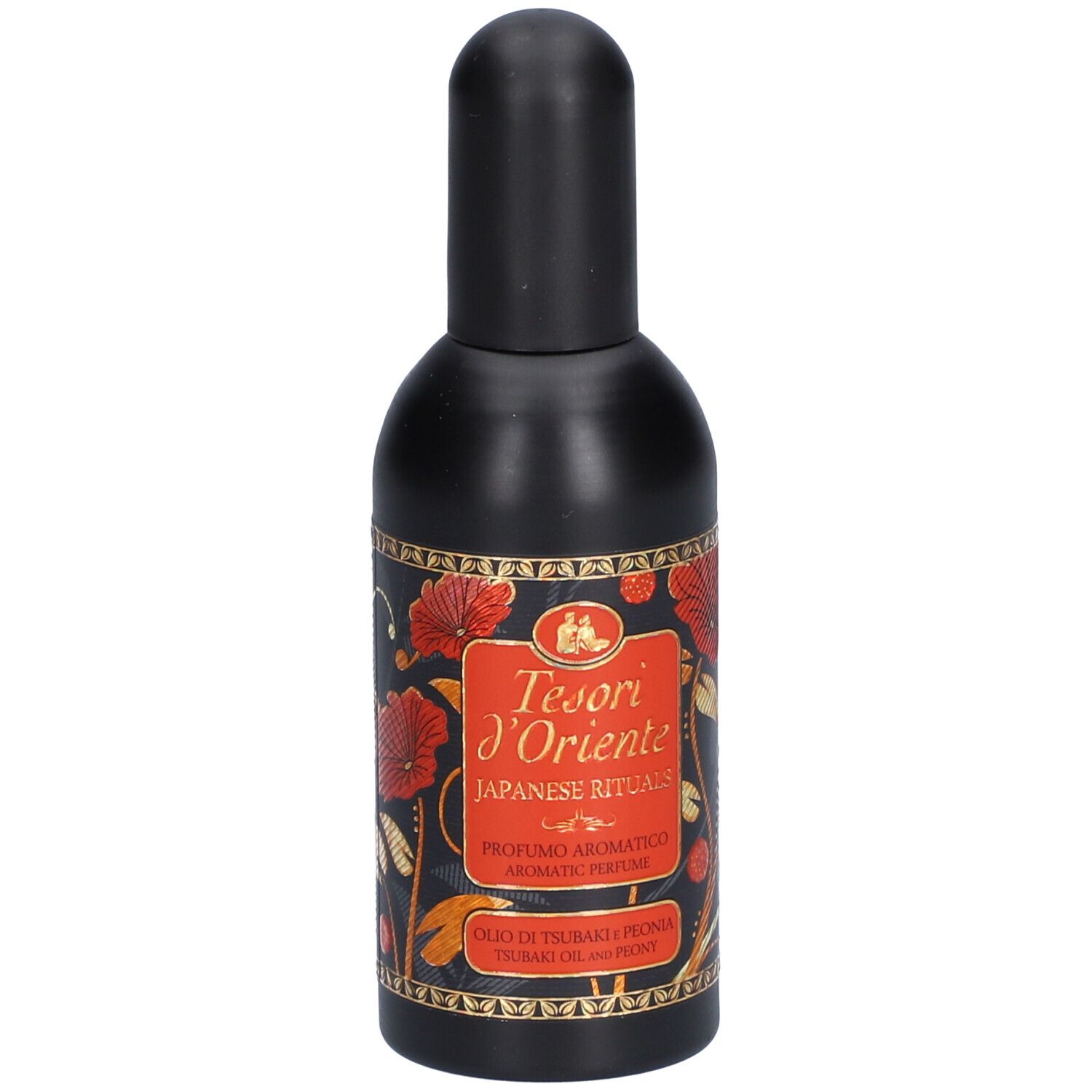 Zwarte fles met rood etiket. Opschrift: Tesori d'Oriente Japanese Rituals. Aromatische parfum.