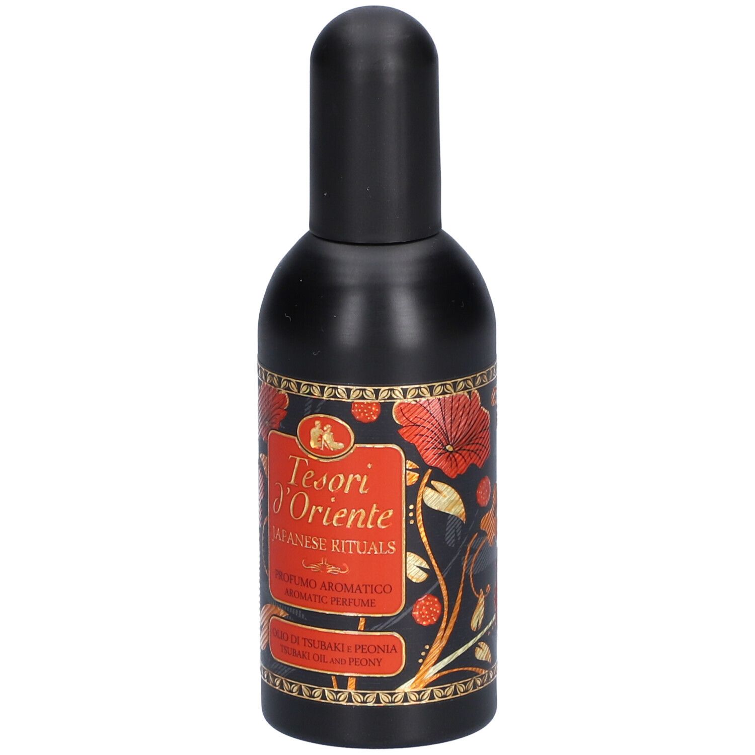 Zwarte fles met rood etiket. Opschrift: Tesori d'Oriente Japanese Rituals. Aromatische parfum.