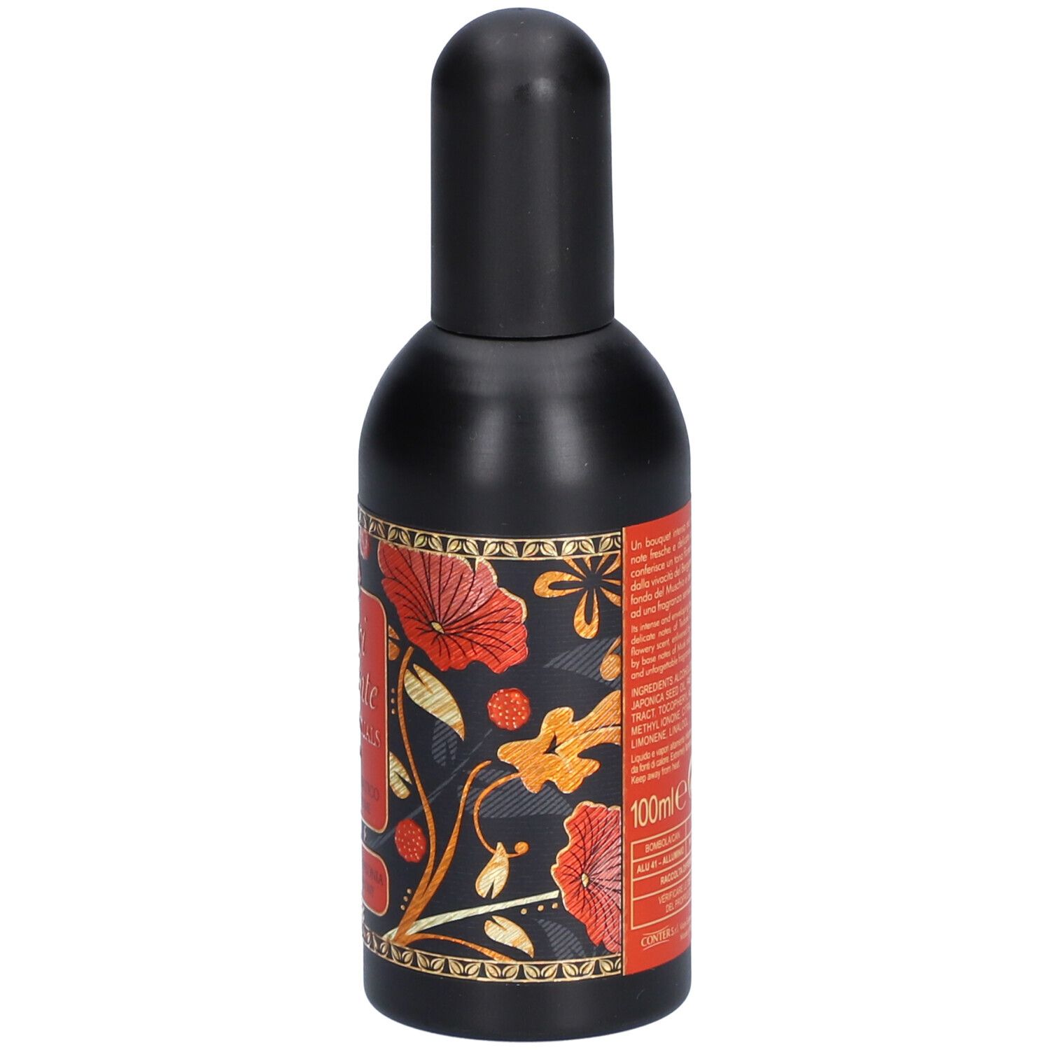 Zwarte fles met rood etiket. Opschrift: Tesori d'Oriente Japanese Rituals. 100ml.