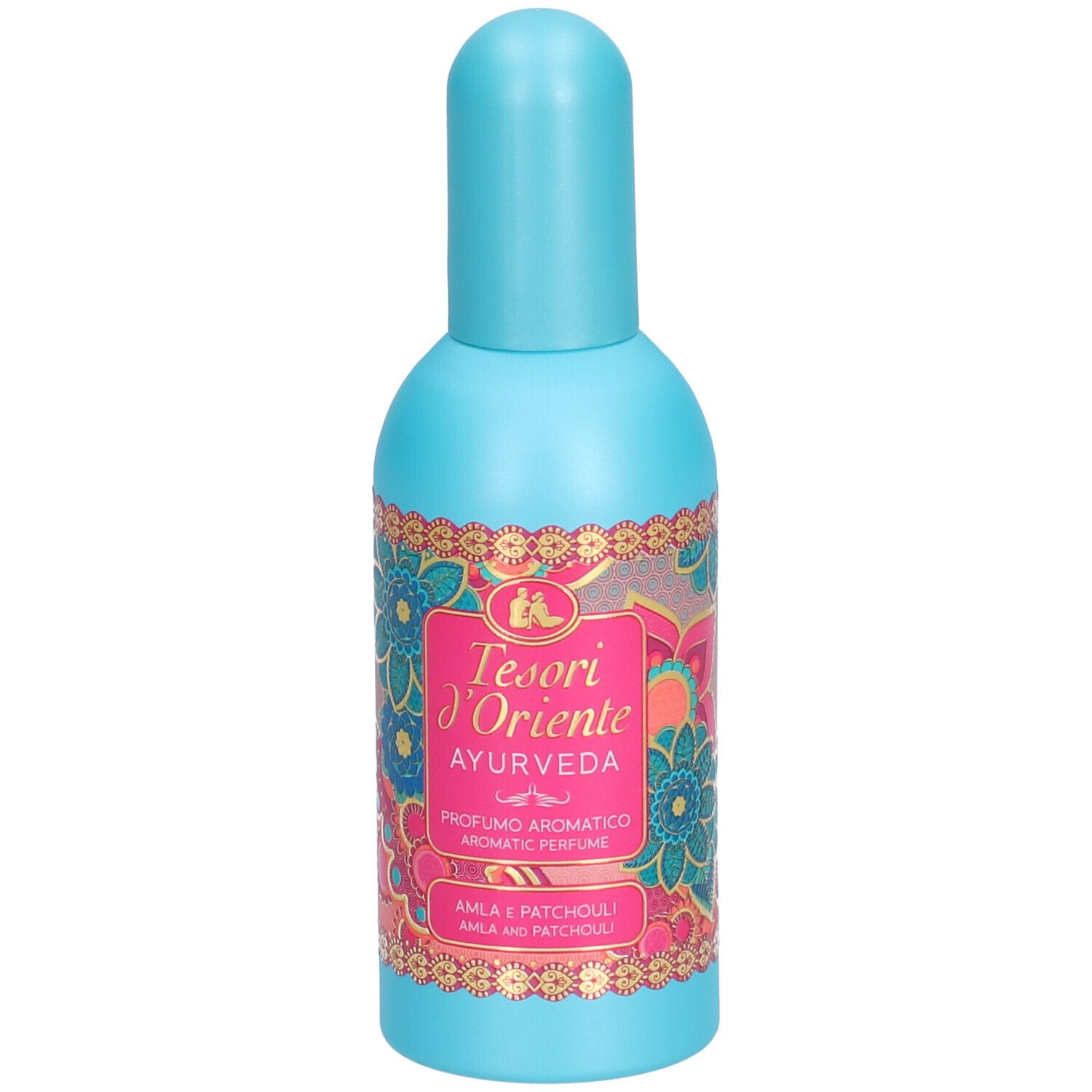 Lichtblauwe fles met turkoois dop. Etiket met productnaam en bloemmotief.