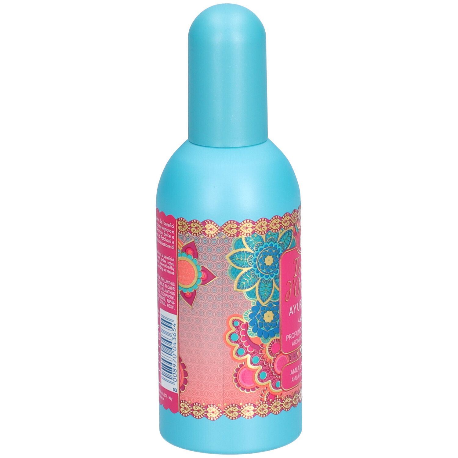 Lichtblauwe fles met turkoois dop. Etiket met productnaam en bloemmotief.
