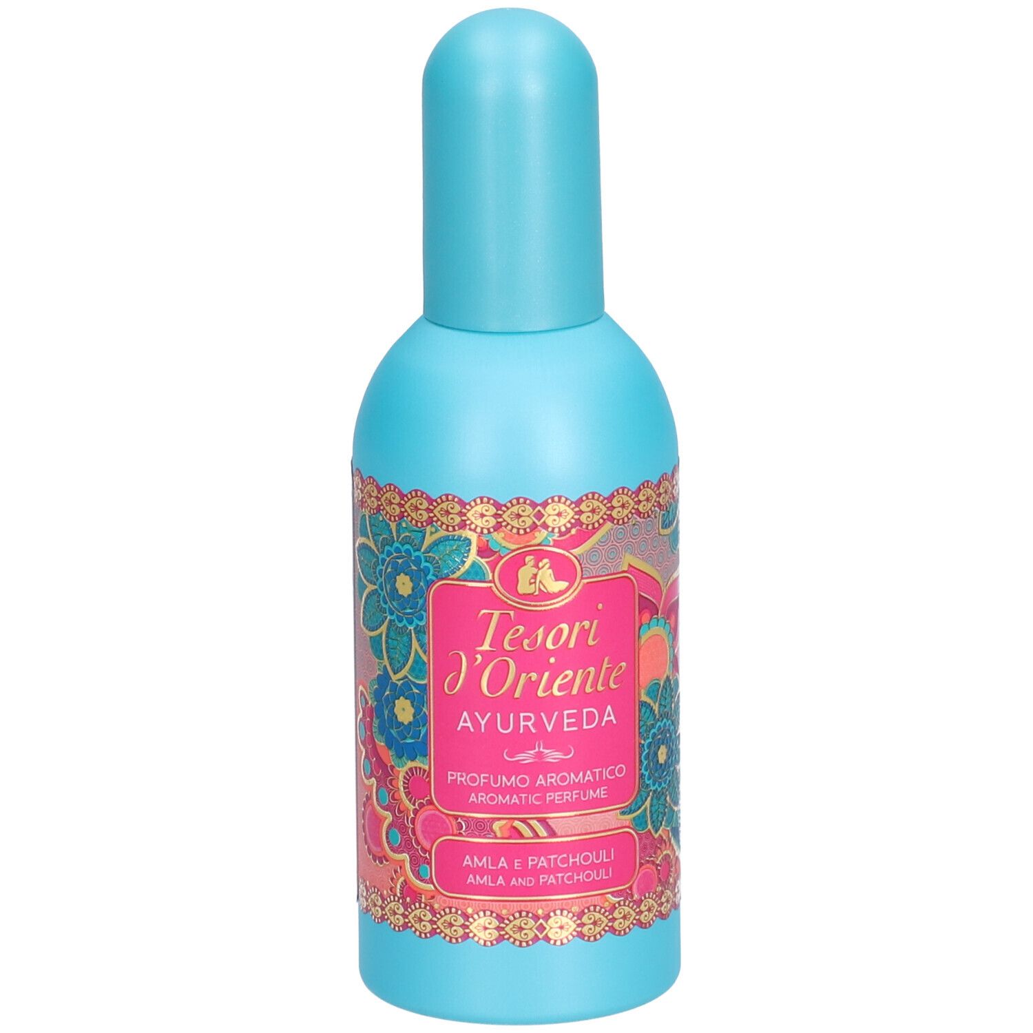 Lichtblauwe fles met turkoois dop. Etiket met productnaam en bloemmotief.