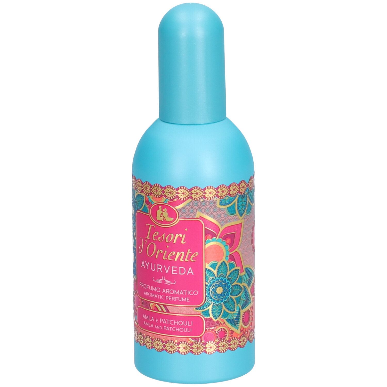 Lichtblauwe fles met turkoois dop. Etiket met productnaam en bloemmotief.