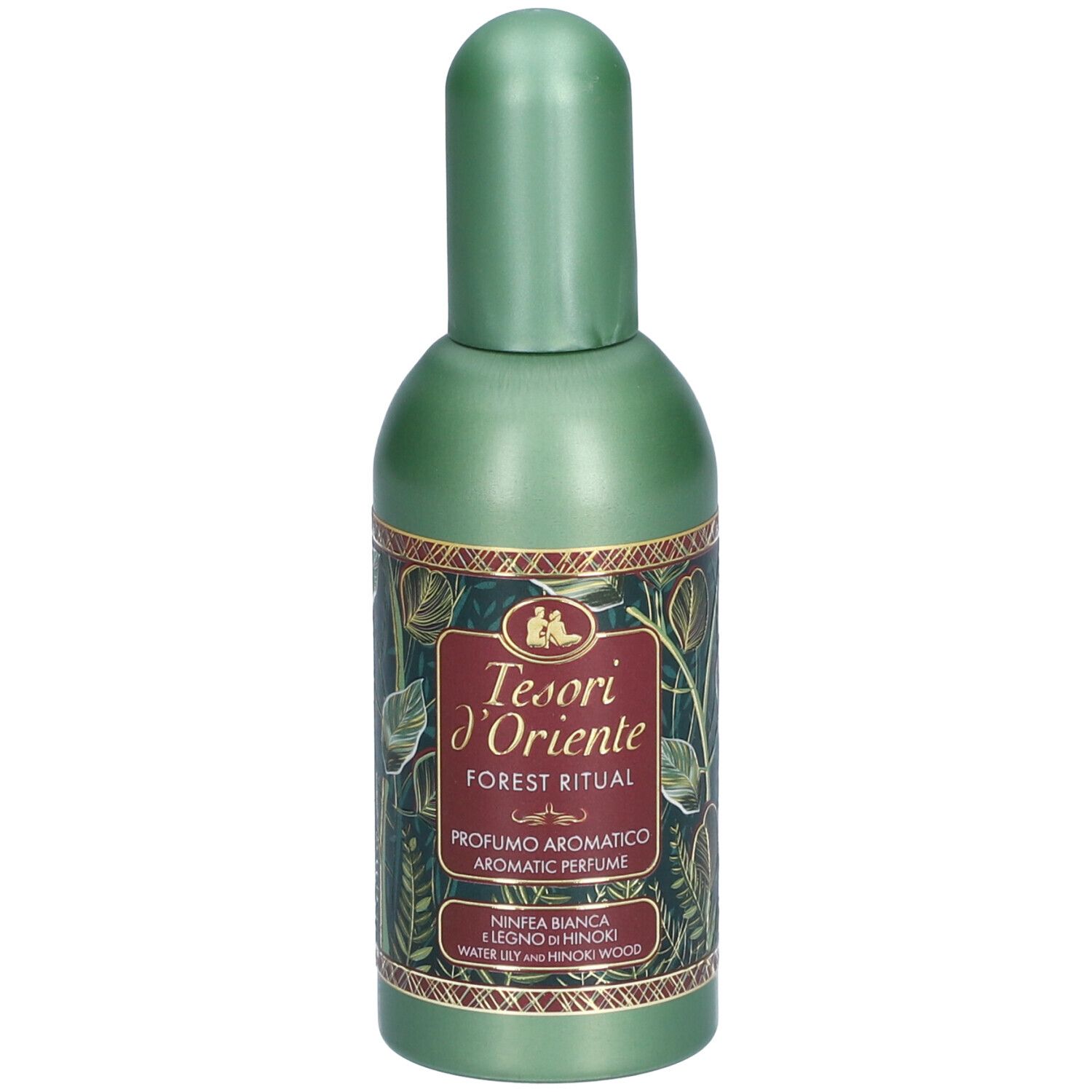 Groene parfumfles met groene dop. Opschrift: Tesori d'Oriente, Forest Ritual, Aromatic Perfume. Plantenmotief.