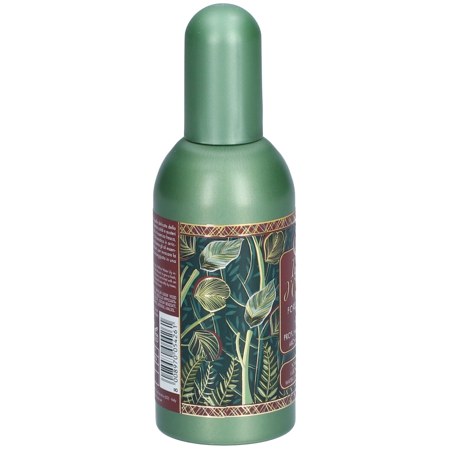 Groene parfumfles met groene dop. Opschrift: Tesori d'Oriente, Forest Ritual, Aromatic Perfume. Tekst op de achterkant.