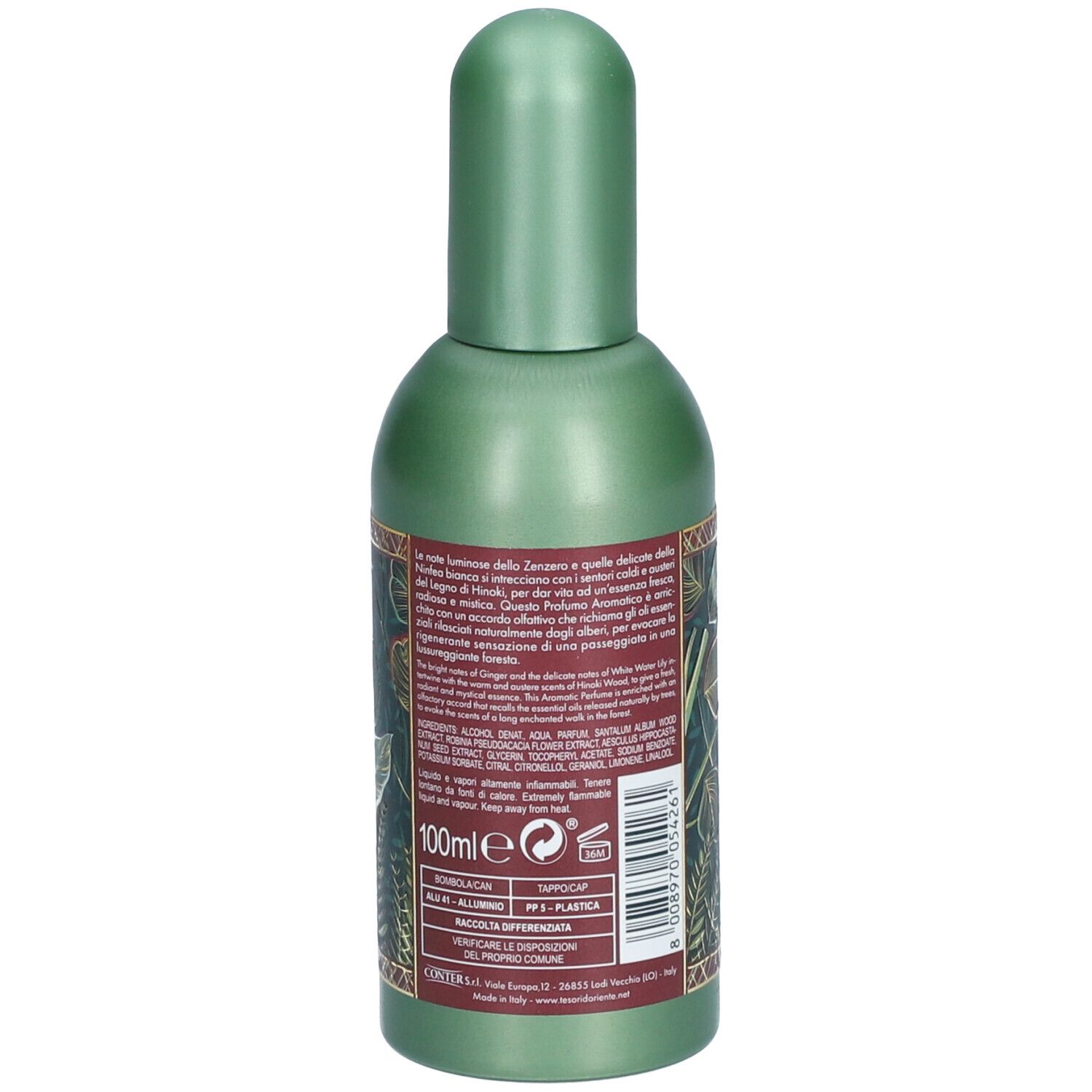 Groene parfumfles met groene dop. Achterkant met tekst en informatie. Opschrift: 100ml.