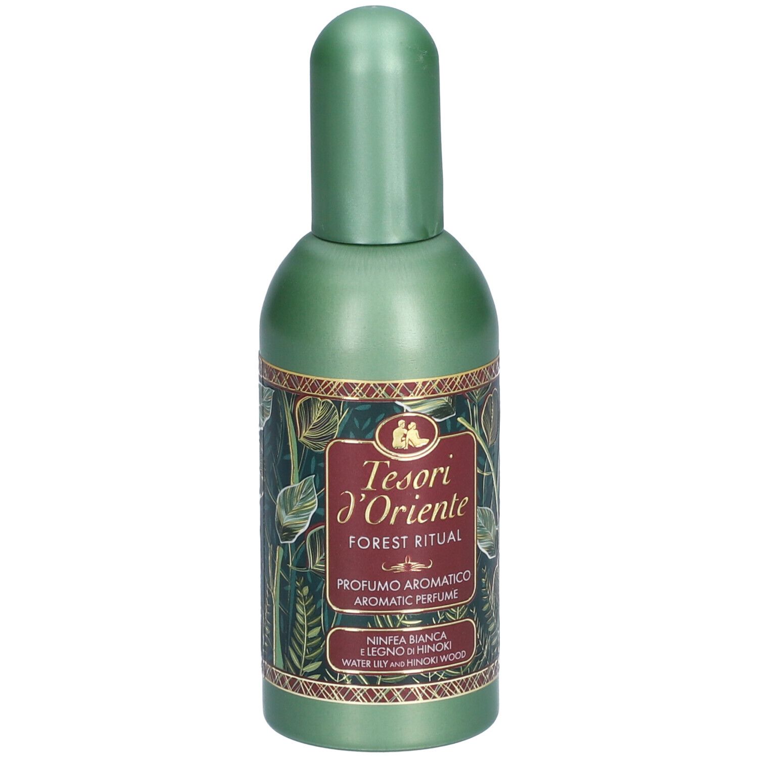 Groene parfumfles met groene dop. Opschrift: Tesori d'Oriente, Forest Ritual, Aromatic Perfume. Plantenmotief.