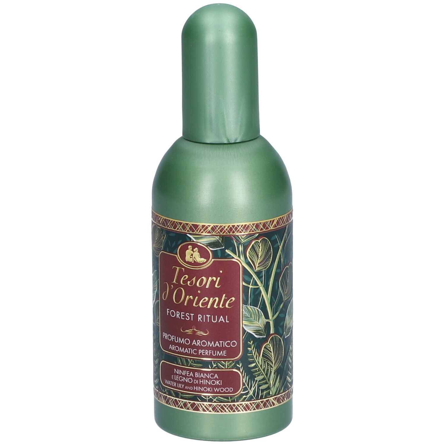 Groene parfumfles met groene dop. Opschrift: Tesori d'Oriente, Forest Ritual, Aromatic Perfume. Plantenmotief.