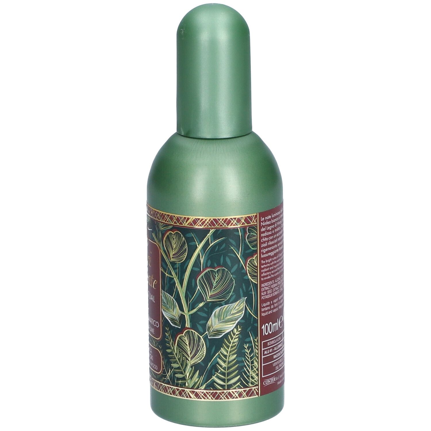 Groene parfumfles met groene dop. Achterkant met tekst en informatie. Opschrift: 100ml.