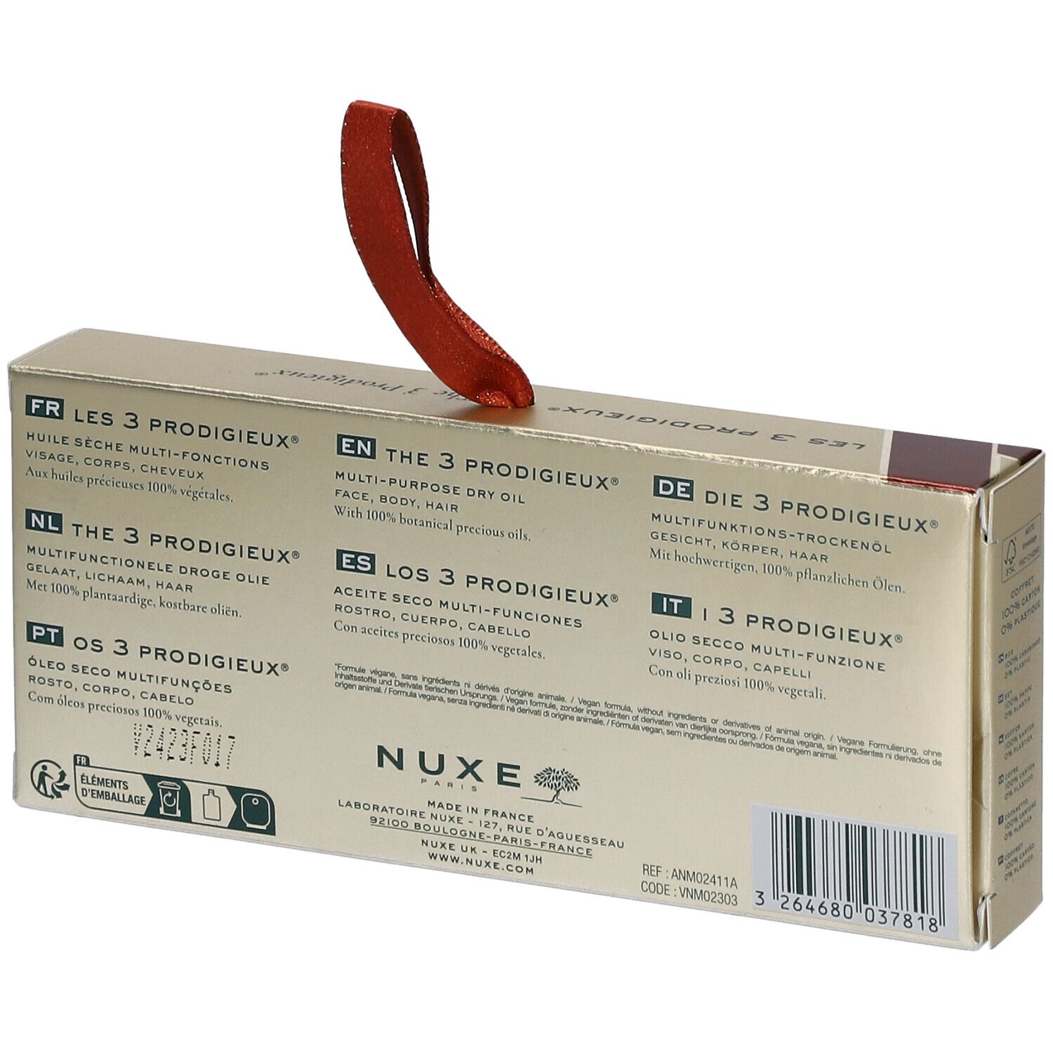 Dos du coffret cadeau avec informations produit multilingues. Logo Nuxe, code-barres, label vegan.