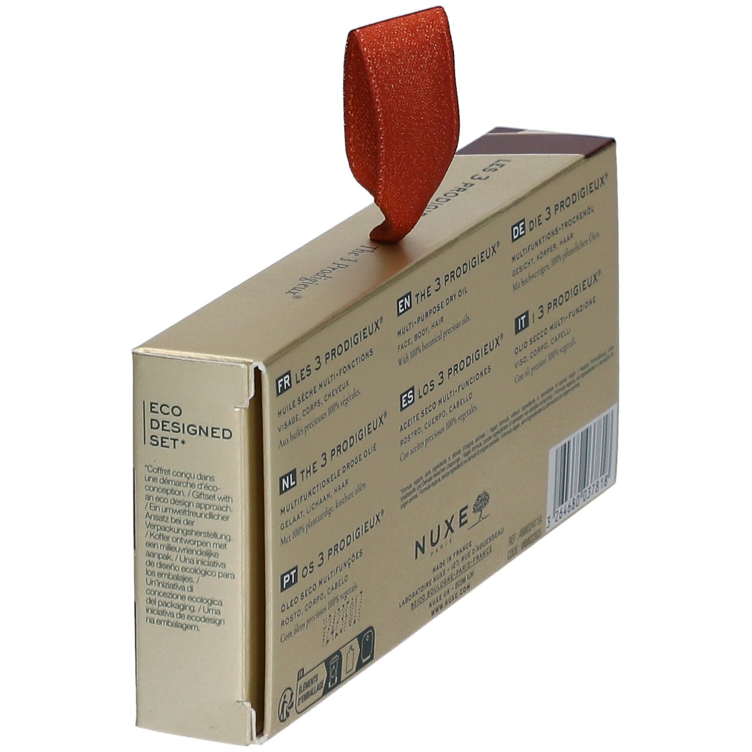 Coffret cadeau en biais. Texte multilingue. Logo Nuxe, label vegan, Eco Designed Set.