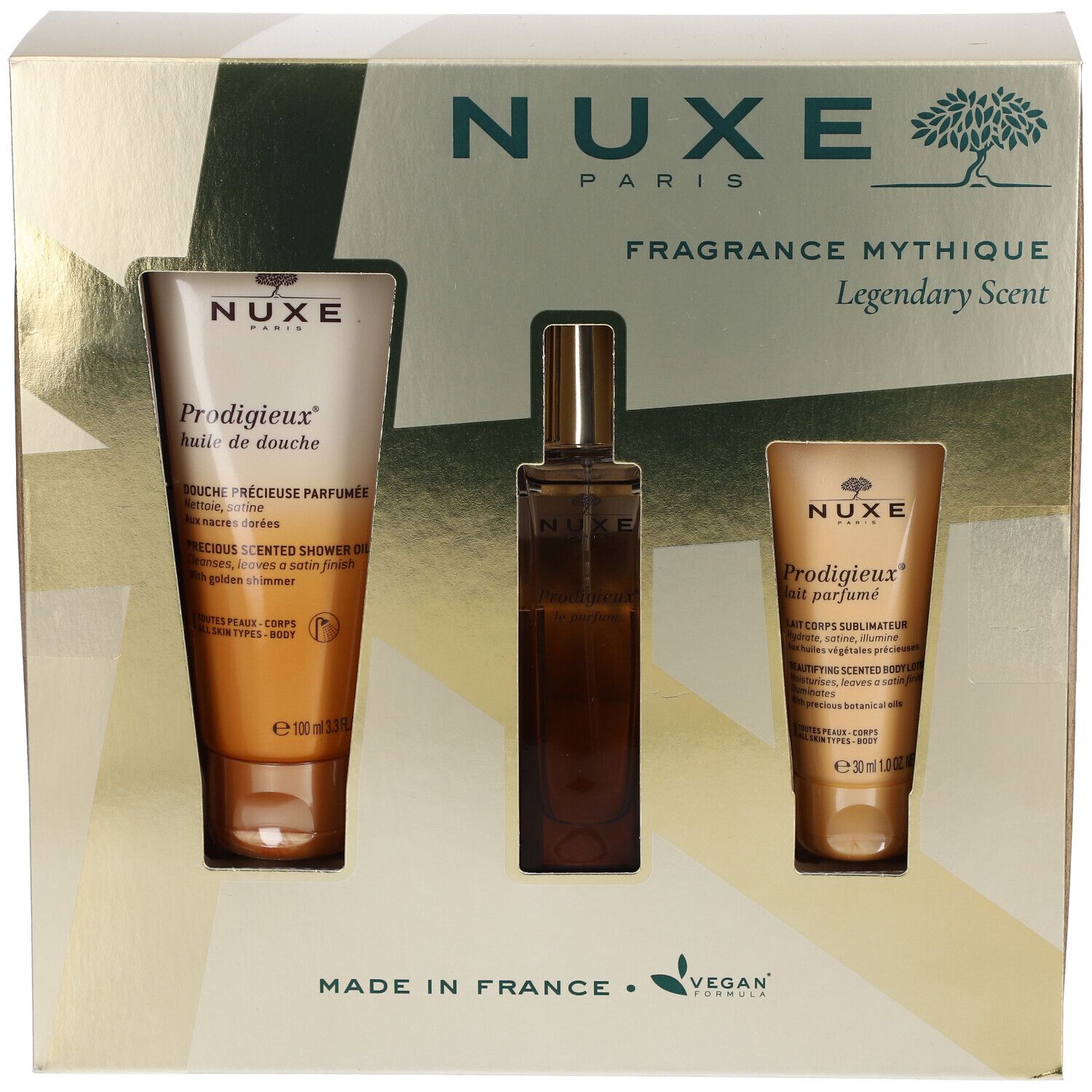 Geschenkset met doucheolie, parfum en bodylotion. Verpakking met productnaam en logo.
