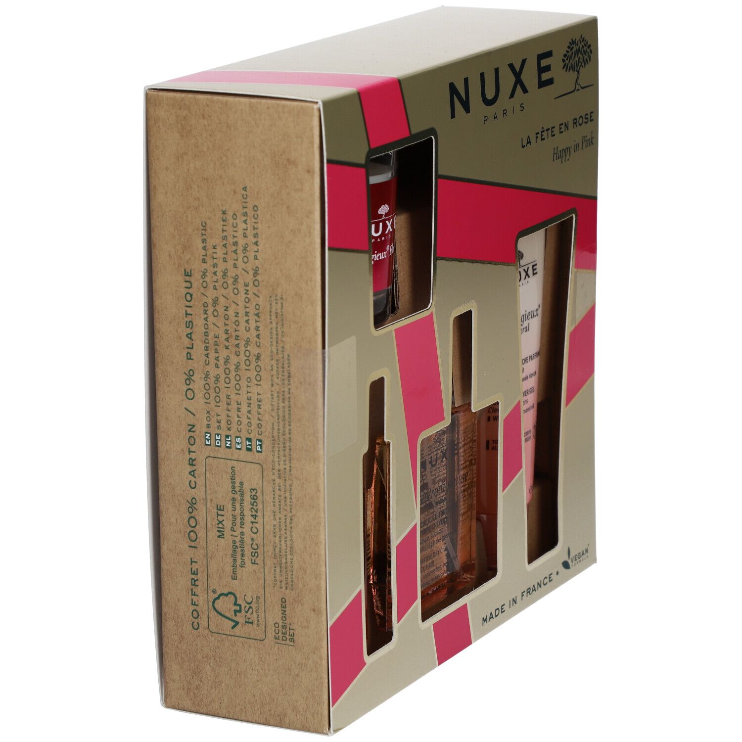 Vue latérale du coffret cadeau Nuxe. Emballage en carton avec accents roses et images des produits.