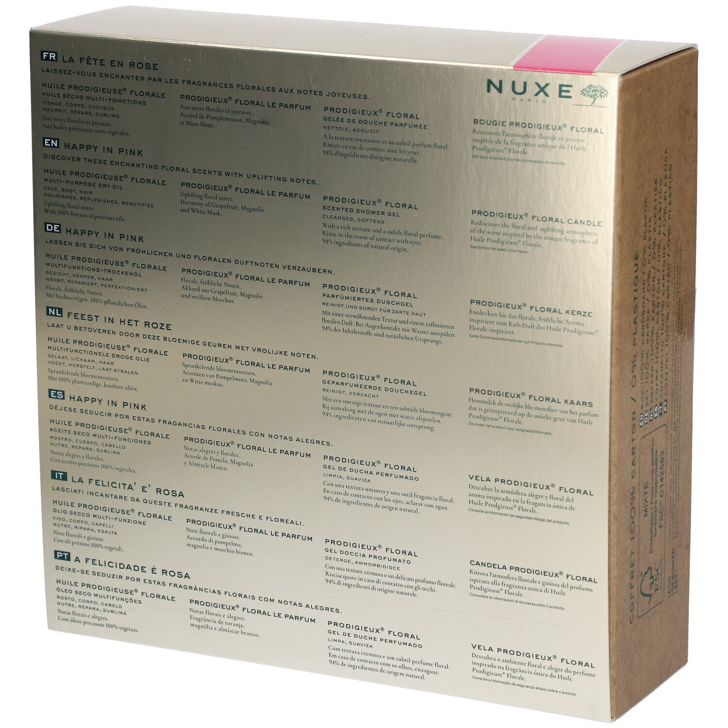 Dos du coffret cadeau avec informations sur les produits et texte en plusieurs langues. Fond doré.