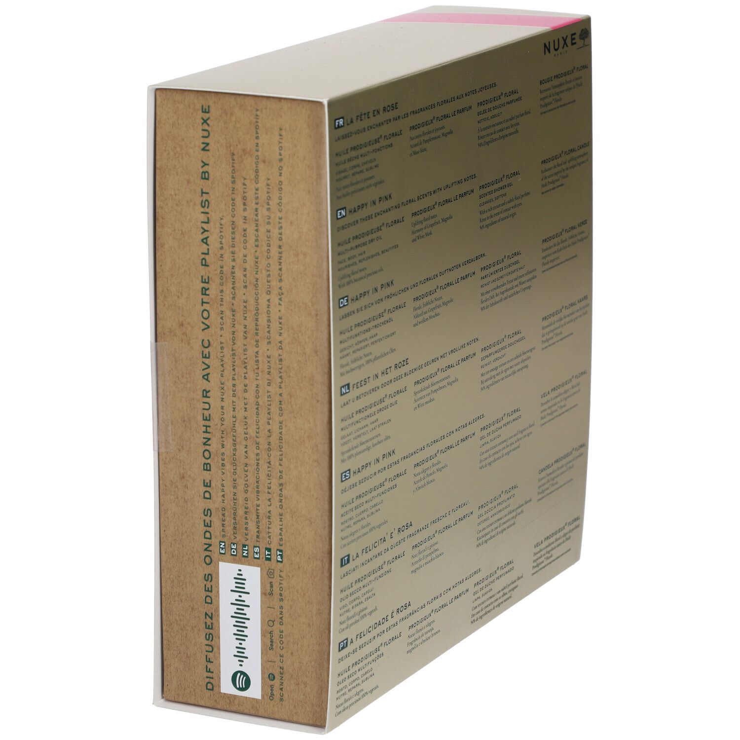 Vue latérale du coffret cadeau avec texte en plusieurs langues. Emballage en carton avec fond doré.