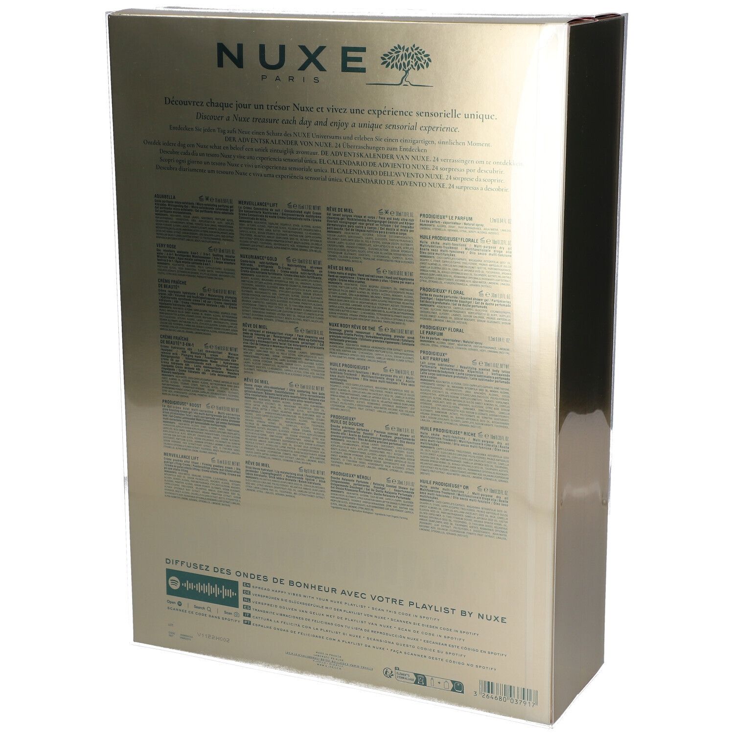 Dos du calendrier de l'Avent doré. Zones de texte avec informations sur le produit. NUXE PARIS en haut. Code QR et texte: Diffusez des ondes de bonheur.
