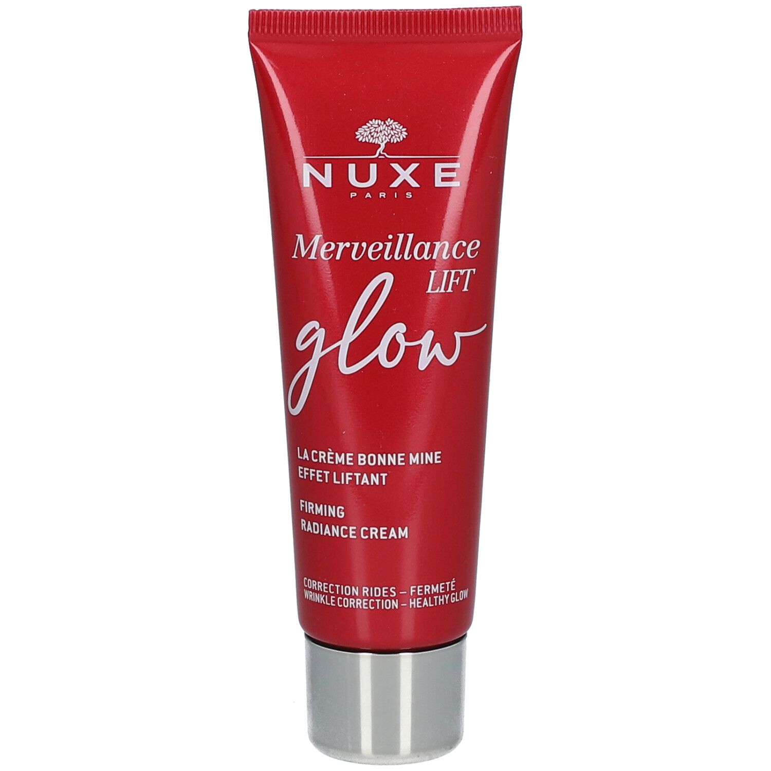 Tube rouge avec bouchon argenté. Inscription : Nuxe, Merveillance Lift glow, La Crème Bonne Mine, Firming Radiance Cream.